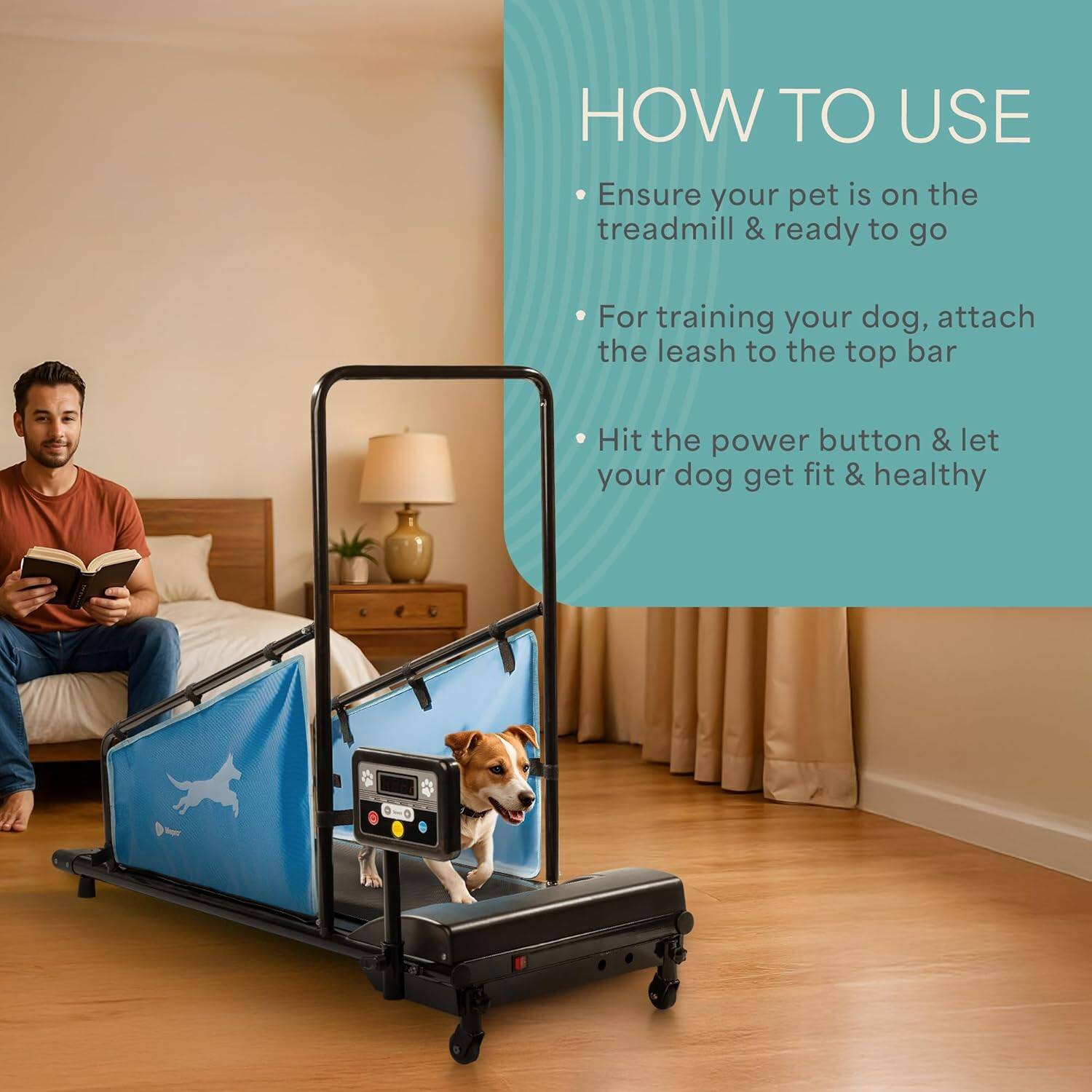 HOW TO USE

- Ensure your pet is on the treadmill & ready to go
- For training your dog, attach the leash to the top bar
- Hit the power button & let your dog get fit & healthy