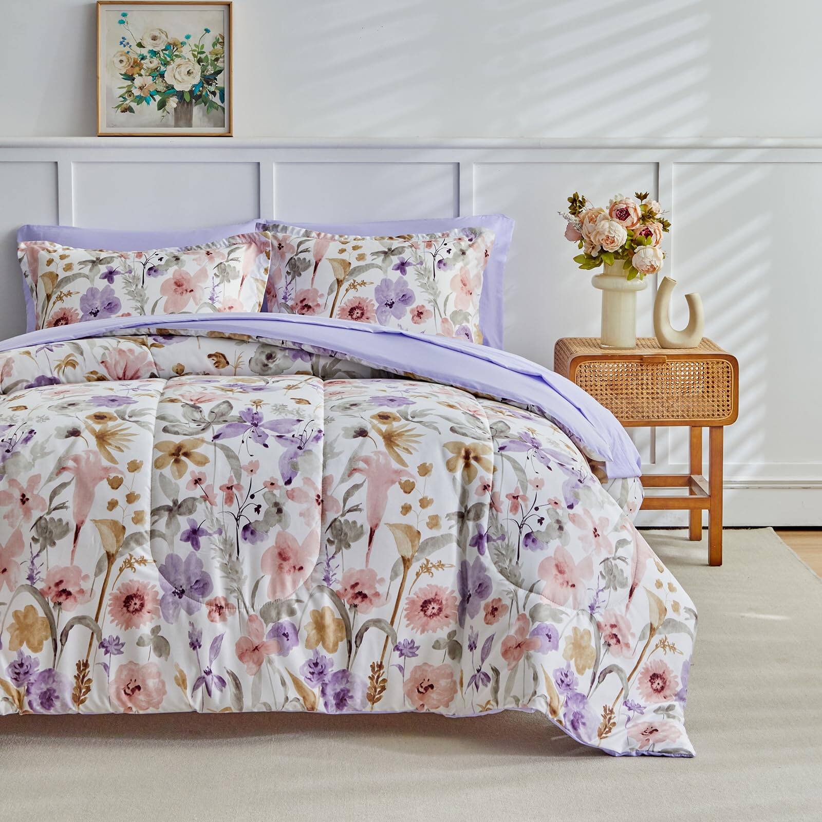 Back. PO3TICJUNKI3 - Floral Comforter Set 7 Pieces With Flowers Bed In A Bag Reversible Bedding 1 2 Pillow Shams 1 Flat Sheet - Light Pink Flower-Queen 7 Pieces.