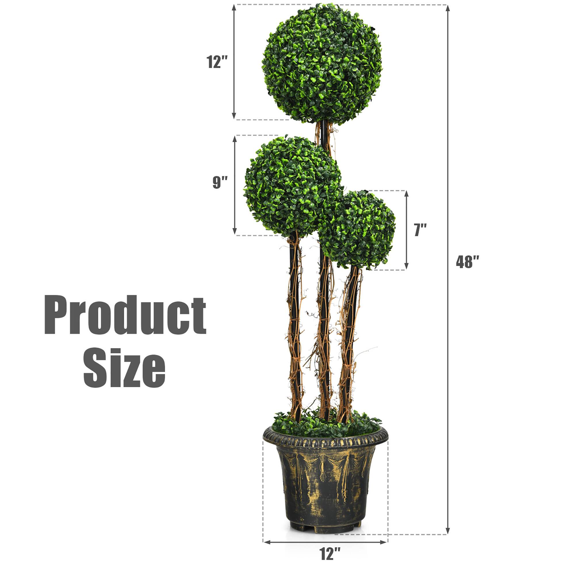 The product size is 48" in height, with each of the three spherical greenery sections measuring 12", 9", and 7" in diameter. The pot has a diameter of 12".