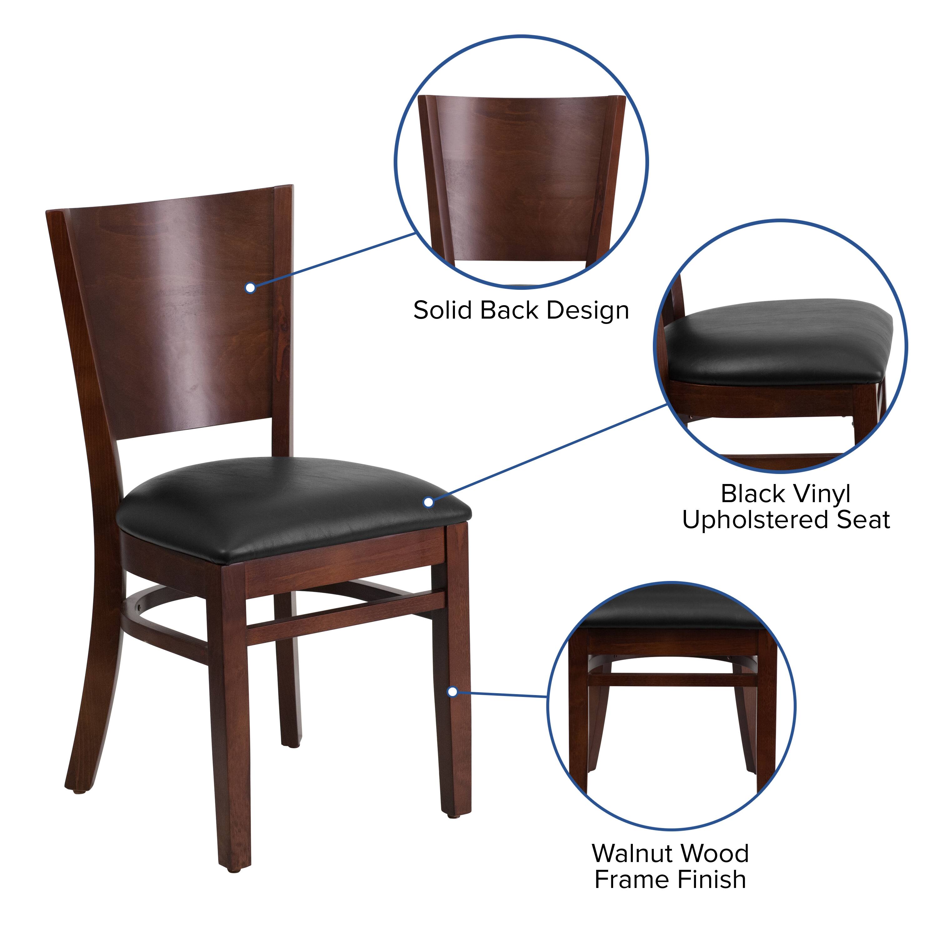 Solid Back Design  
Black Vinyl Upholstered Seat  
Walnut Wood Frame Finish