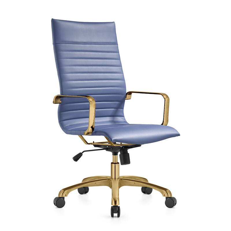 LeisureMod - Harris Ergonomic High-Back Office Chair Leather Upholstery, Adjustable Swivel, Tilt, and Gold Stainless Steel Frame - Navy Blue