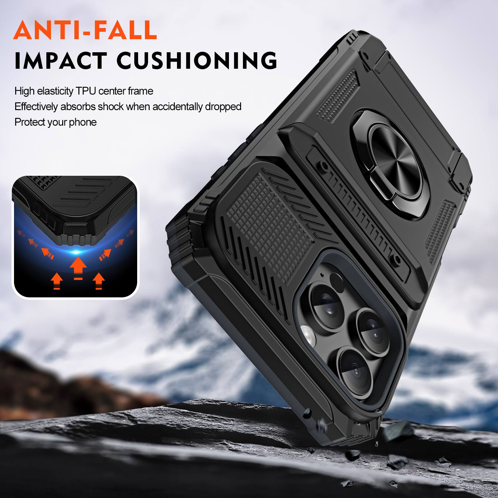 ANTI-FALL IMPACT CUSHIONING

High elasticity TPU center frame
Effectively absorbs shock when accidentally dropped
Protect your phone