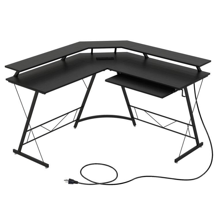 Left. Kadyn - L-shaped Computer Desk with Power Outlet and Monitor Stand-Black, Home Office Desks, Gaming Computer Desks for Study - Black.