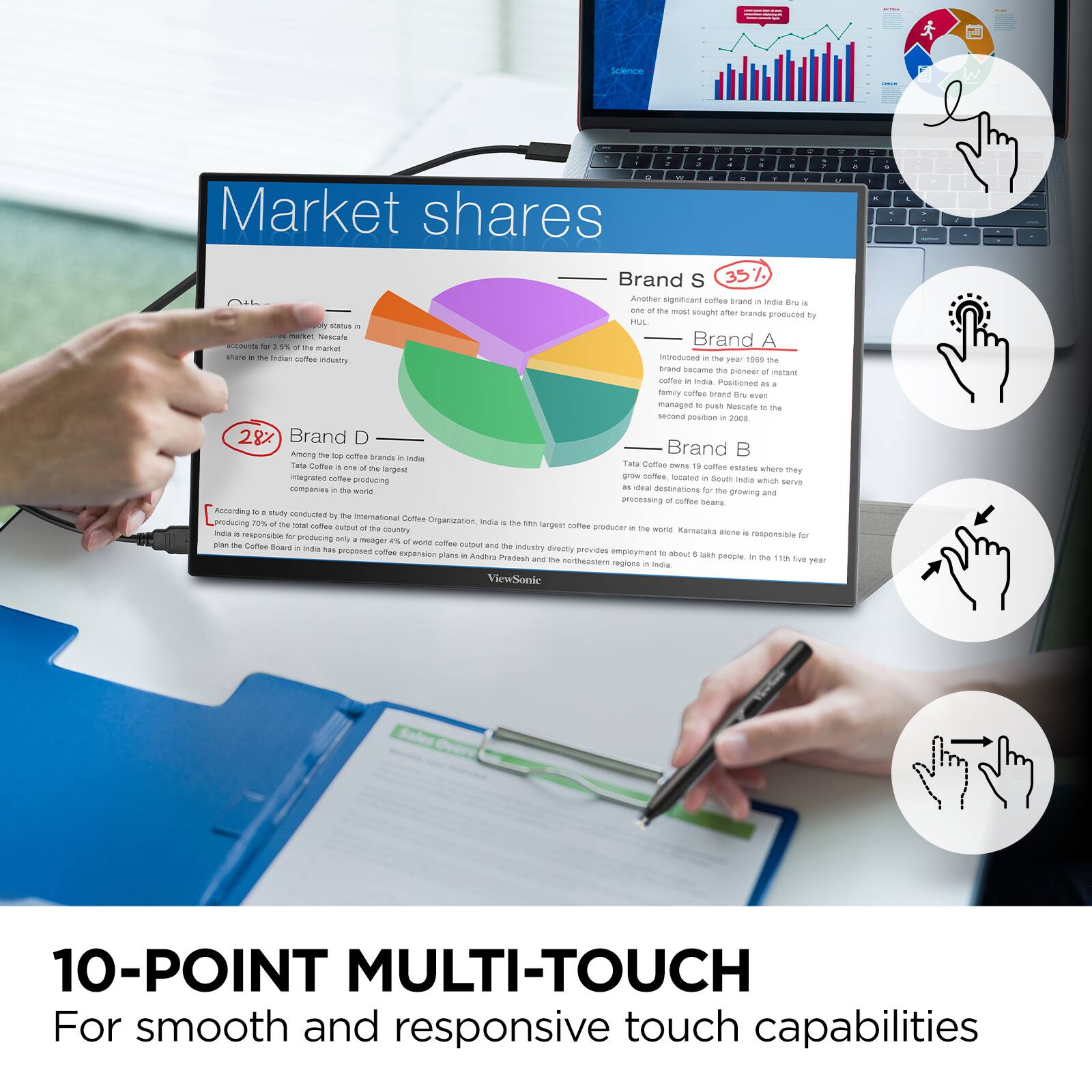 Market shares

Brand S 35.7%  
Another significant coffee brand in India, Bru is one of the most sought after brands produced by Tata Consumer Products.  

Brand A 15%  
Tata Tea became the pioneer of instant coffee in India. Positioned as a premium brand, it managed to push through, even managing to push through to the second position in 2008.  

Brand B  
Tata Coffee owns 18 coffee estates across India which serve as ideal destinations for the processing of coffee beans.  

Brand D 28%  
Among the top coffee brands in India, Tata Coffee is one of the largest coffee companies in the world.  

According to a study conducted by the International Coffee Organization, India is the fifth largest coffee producer in the world, accounting for 6.5% of the total coffee produced.  

India is responsible for producing only a minor 4.5% of the world's coffee output and is the world's largest coffee producer. Karnataka alone is responsible for 70% of the total coffee produced in India.  

The coffee sector in India has proposed coffee expansion plans in Achra Pradesh and Andhra Pradesh regions in India.  

10-POINT MULTI-TOUCH  
For smooth and