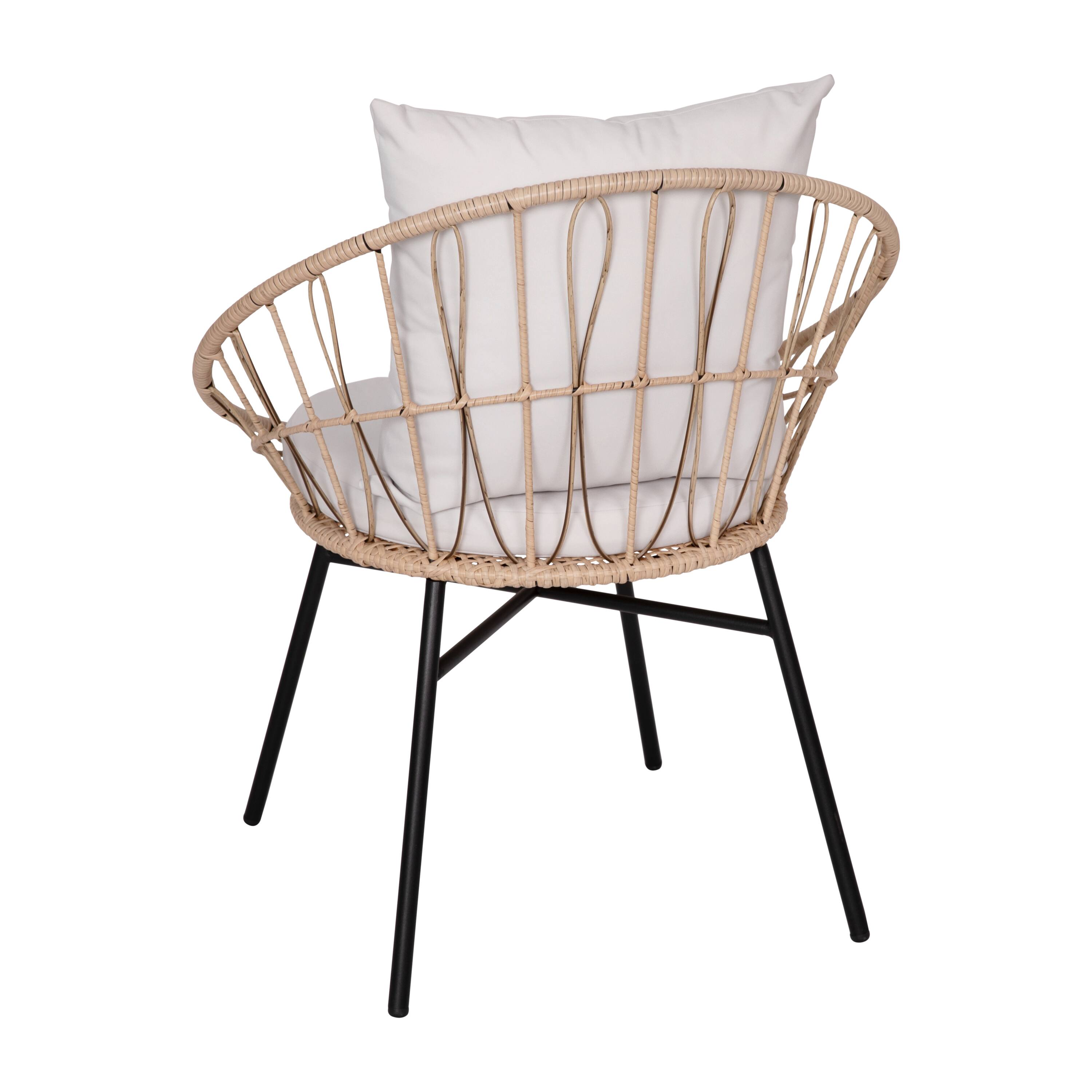 Alt View 8. Emma + Oliver - Ari 3 Piece Boho Patio Set - Faux Rattan Rope Papasan Style Chairs with Cushions and Glass Topped Side Table - Light Gray Fabric/Tan Frame.