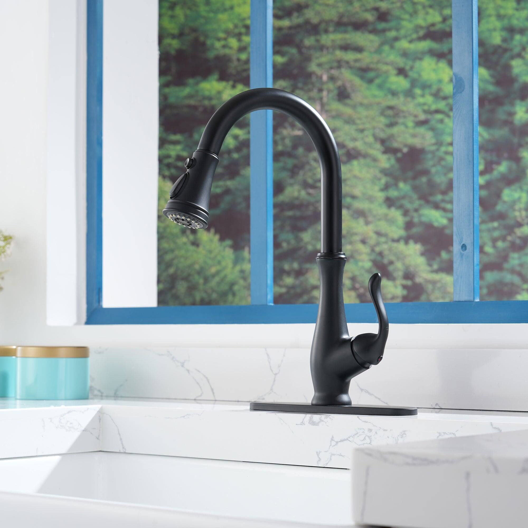 Alt View 3. Boyel Living - 3-Spray Patterns Modern 1.8 GPM Single Handle Pull Down Sprayer Kitchen Faucet with Deck Plate in Matte Black - Matte Black.