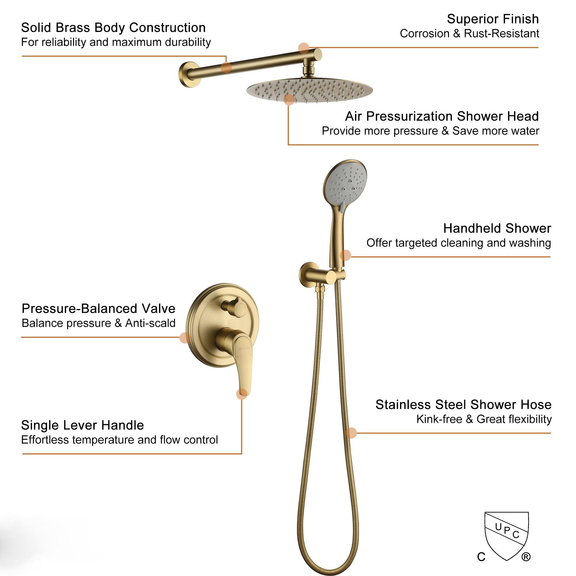 Solid Brass Body Construction, Superior Finish, Air Pressurization Shower Head, Handheld Shower, Pressure-Balanced Valve, Single Lever Handle, Stainless Steel Shower Hose, UPC C R