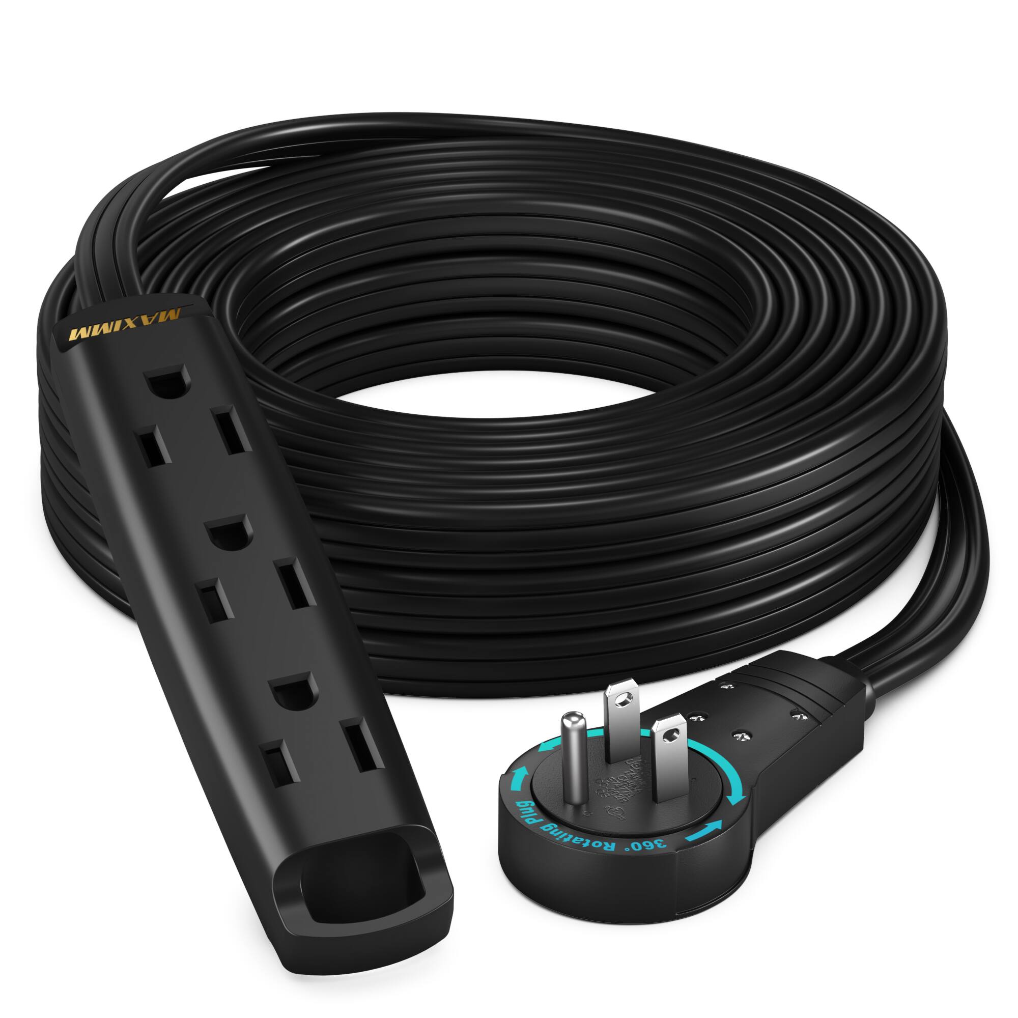 Maximm - 25 Ft 360° Rotating Flat Plug Extension Cord with 3 Outlets on One Side, Space-Saving Design, UL-Certified - Black