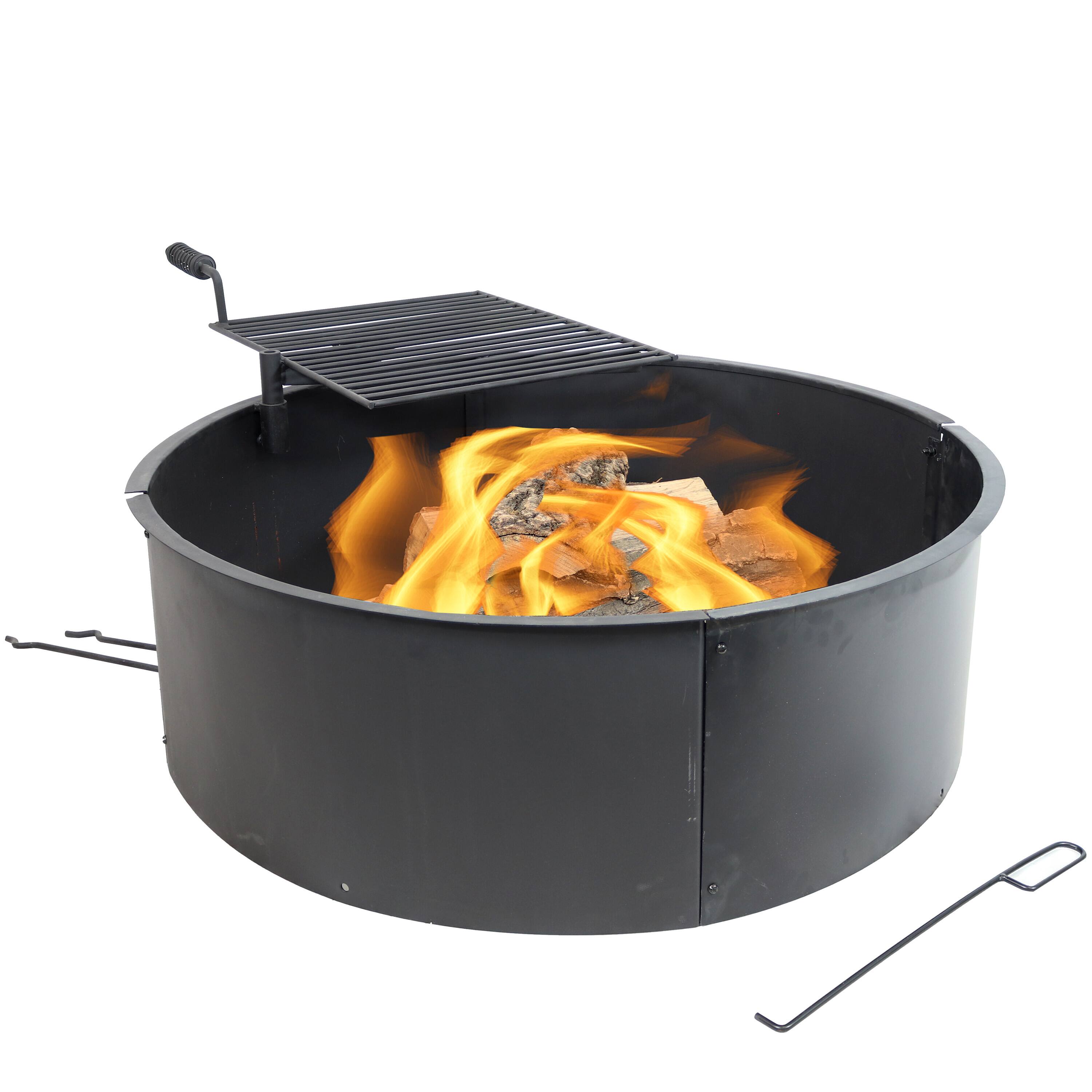 Sunnydaze - 34 in Steel Fire Pit Ring with Swivel Cooking Grate/Poker - Black