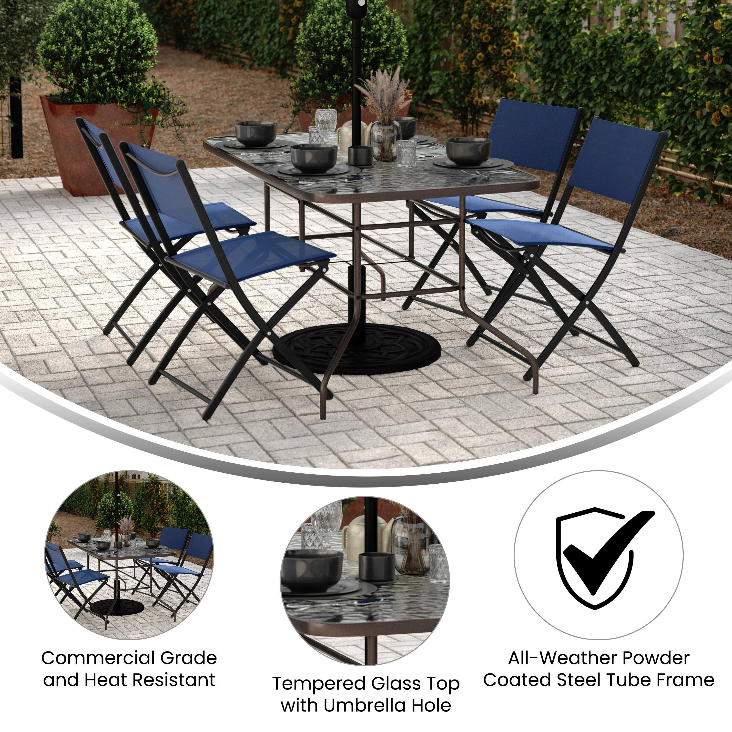 Commercial Grade and Heat Resistant  
All-Weather Powder Coated Steel Tube Frame with Umbrella Hole  
Tempered Glass Top