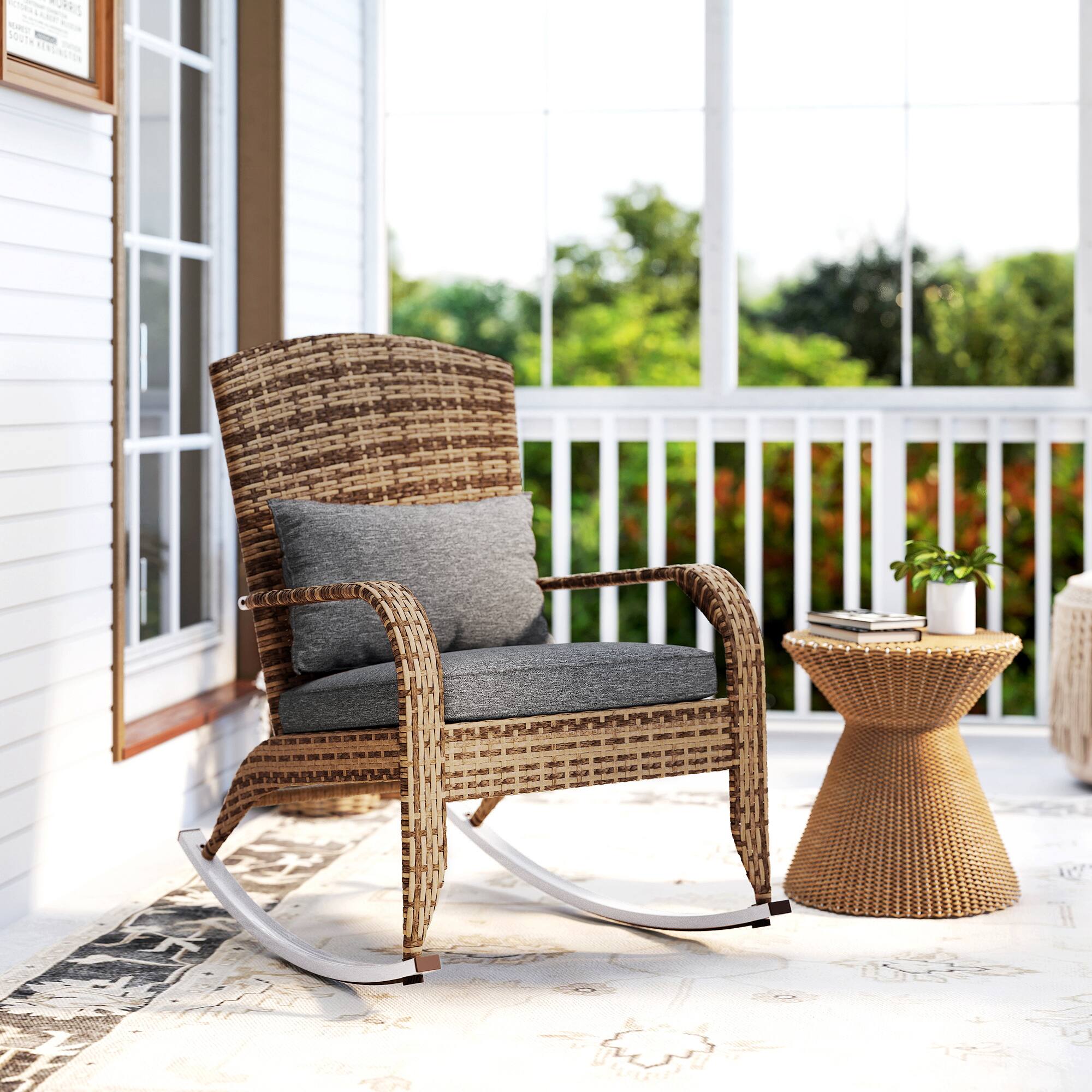 Alt View 7. Outsunny - Outdoor Wicker Adirondack Rocking Chair, Patio Rattan Rocker Chair with High Back, Seat Cushion, and Pillow - Gray.