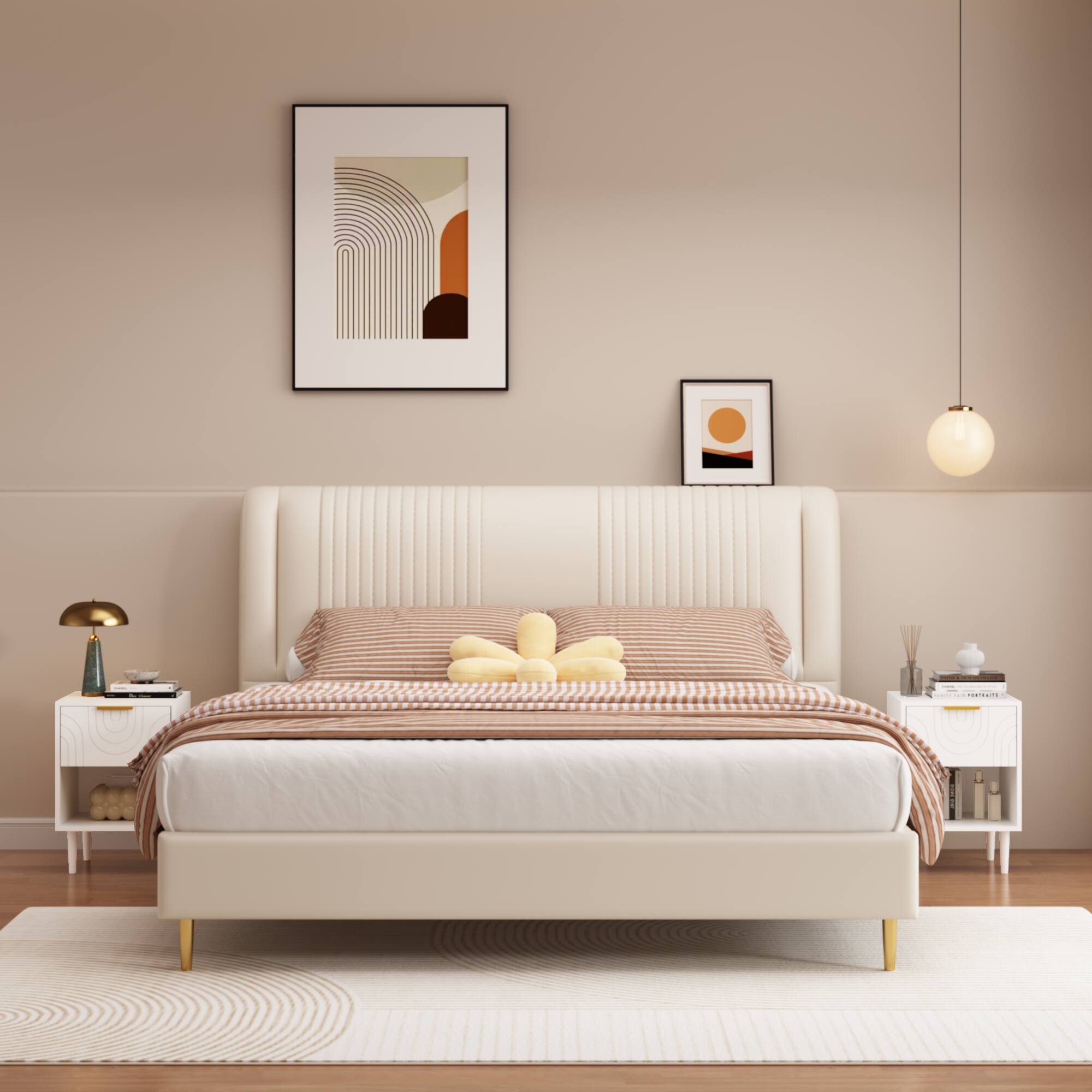Back. Z-Edge - Modern Nightstand with One Drawer and Open Shelf, Gold - Accented Handle for Bedroom - White.