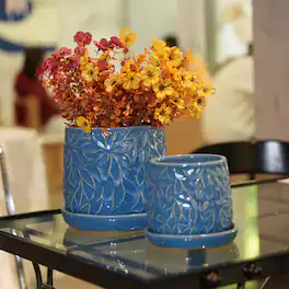 Ceramic Planter Set Loheer Handmade Blue Plant Pots with Saucers, Leaf Pattern, 6in and 8in for Succulents Herbs