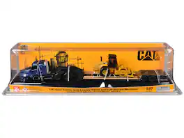 Diecast Masters - Kenworth T880 Tractor Blue Metallic with Lowboy Trailer and CAT Padfoot Roller Yellow 1/87 (HO) - Blue Metallic With Yellow