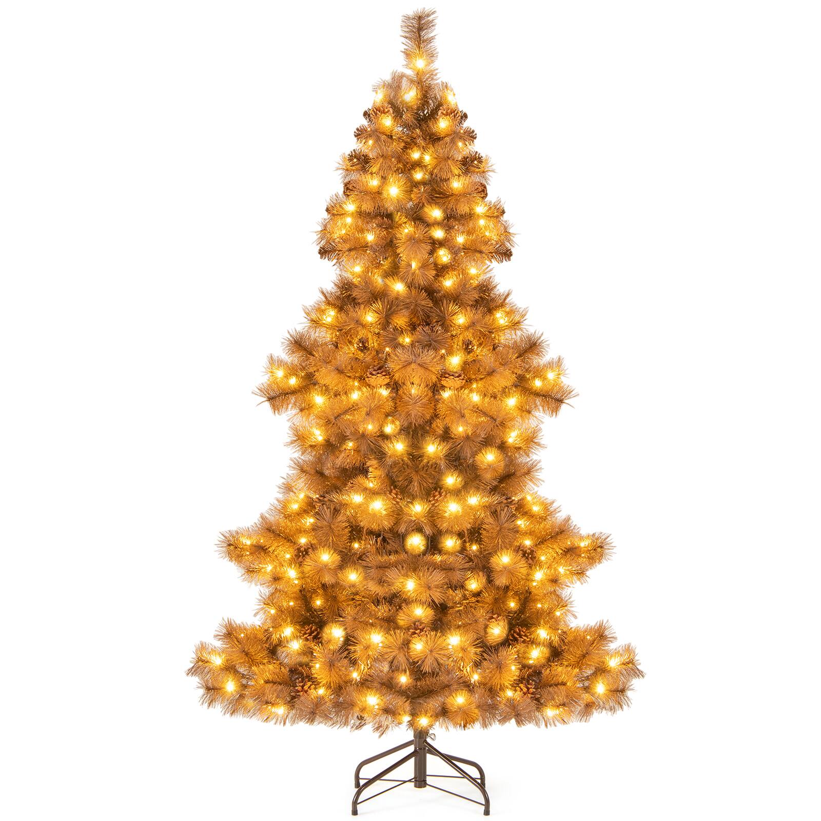Costway - 6 FT Artificial Christmas Tree with 200 LED Lights, 493 Branch Tips, 52 Pine Cones - Chocolate