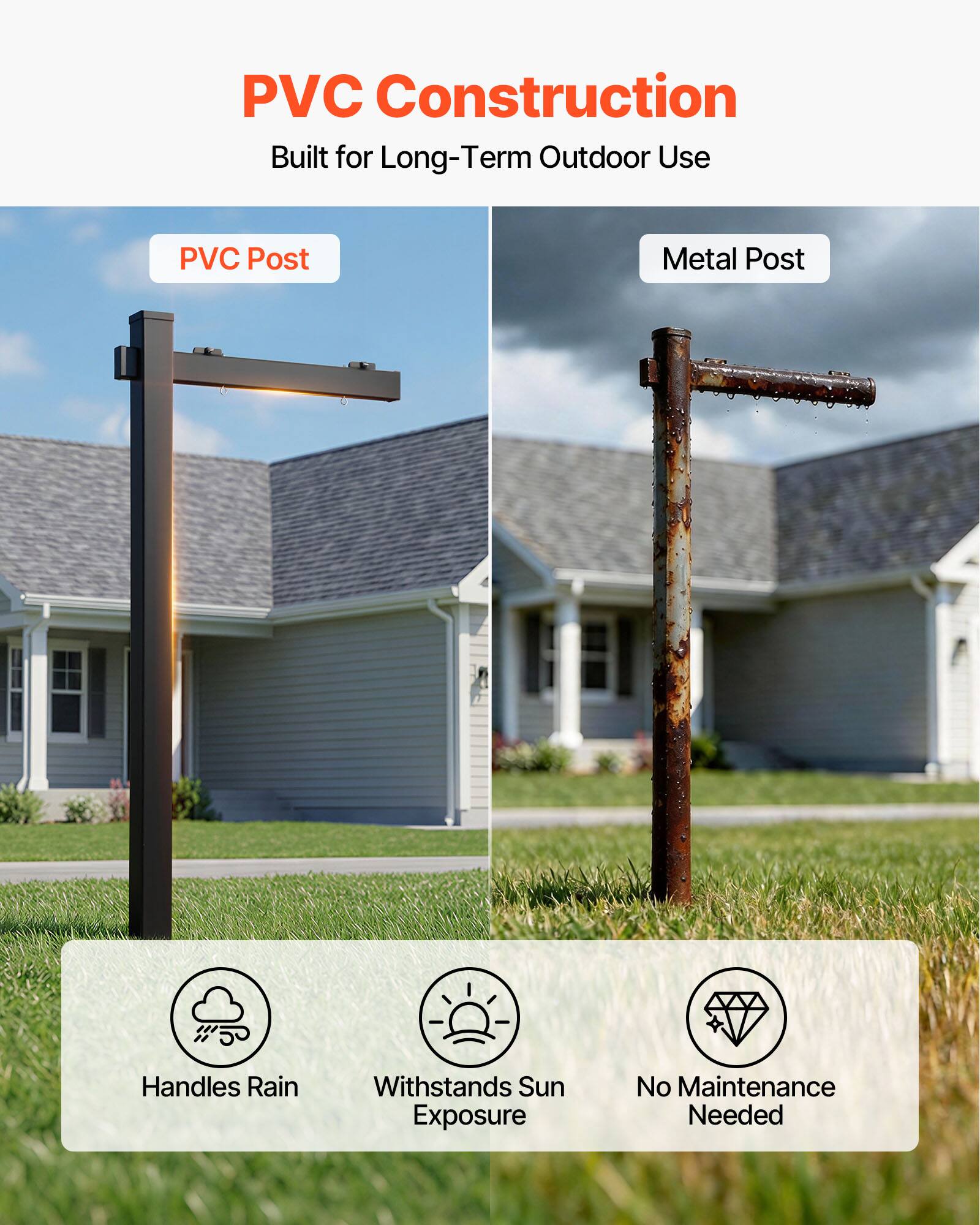 PVC Construction Built for Long-Term Outdoor Use

- PVC Post
- Metal Post

Handles Rain
Withstands Sun Exposure
No Maintenance Needed