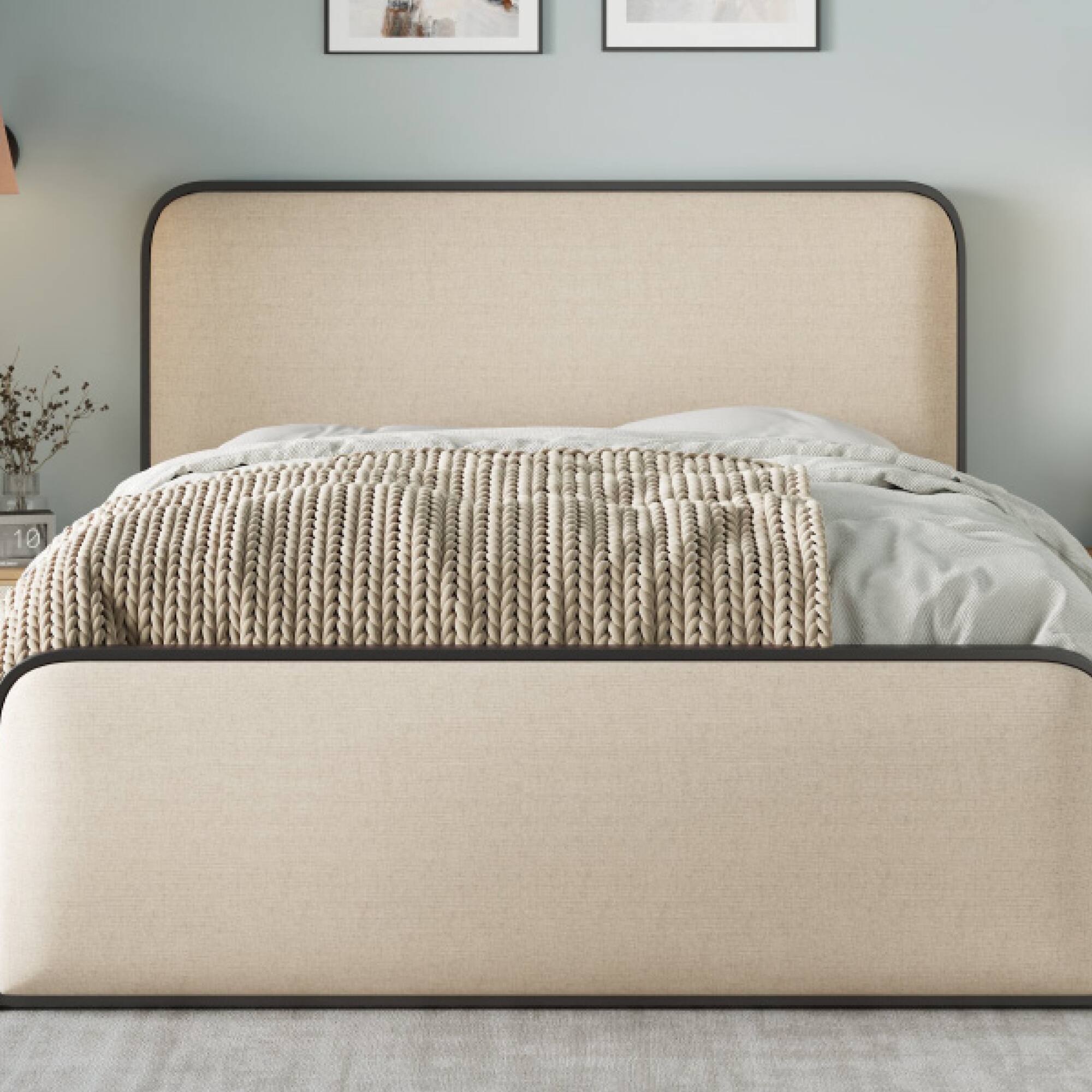 Alt View 2. GOODSILO - Modern Metal Bed Frame with Curved Upholstered Headboard and Footboard Featuring Under Bed Storage - Beige.