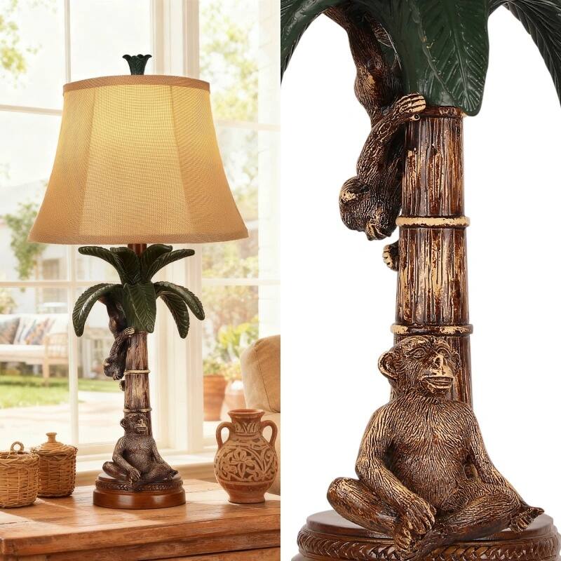 Back. partphoner - Set of 2 Tropical Monkey Palm Tree Resin Table Lamps.