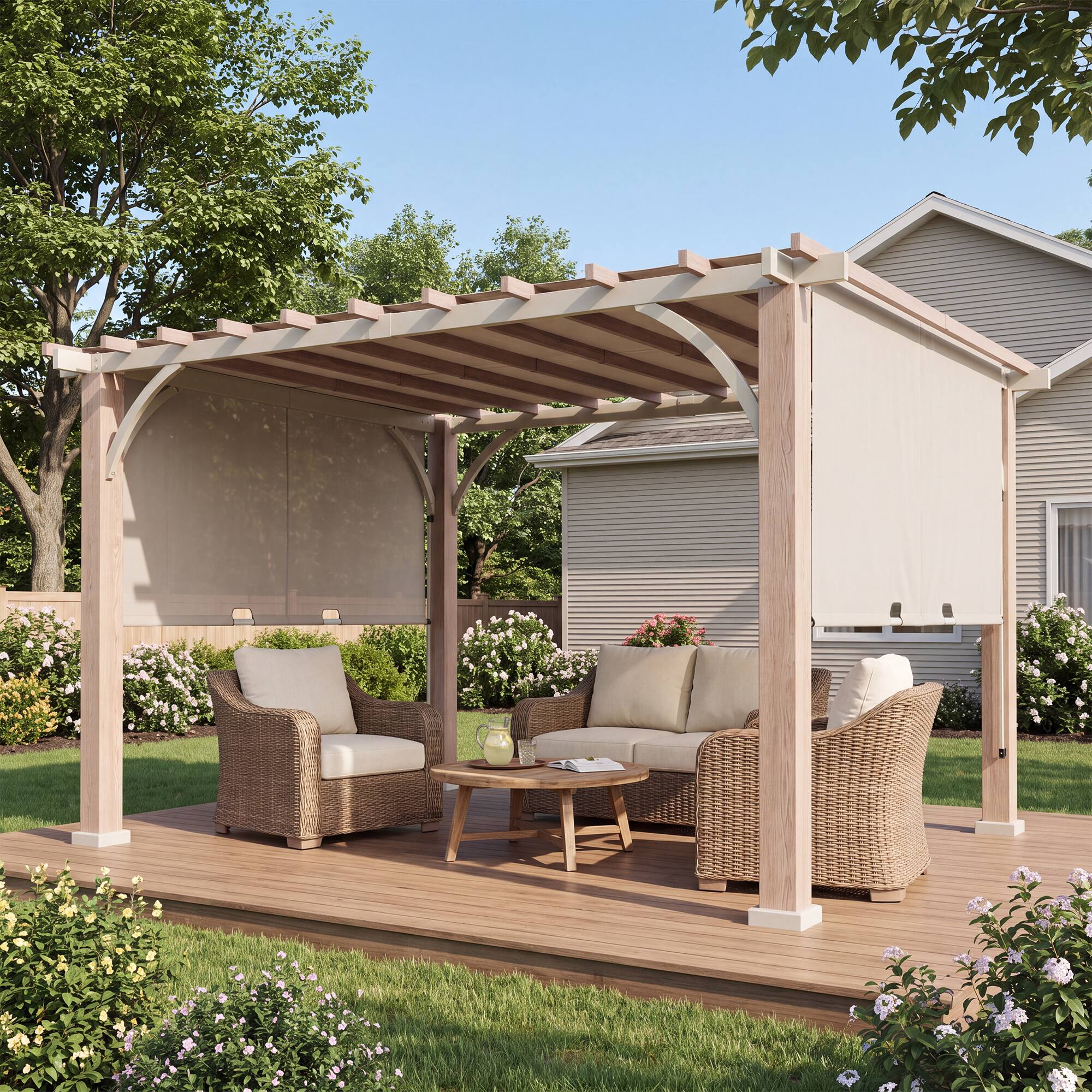 Angle. SUNJOY - Sunjoy SummerCove Delrey 12x14 ft Outdoor White Steel Pergola with Adjustable Canopy for Backyard & Garden, Light Gray - light grey.