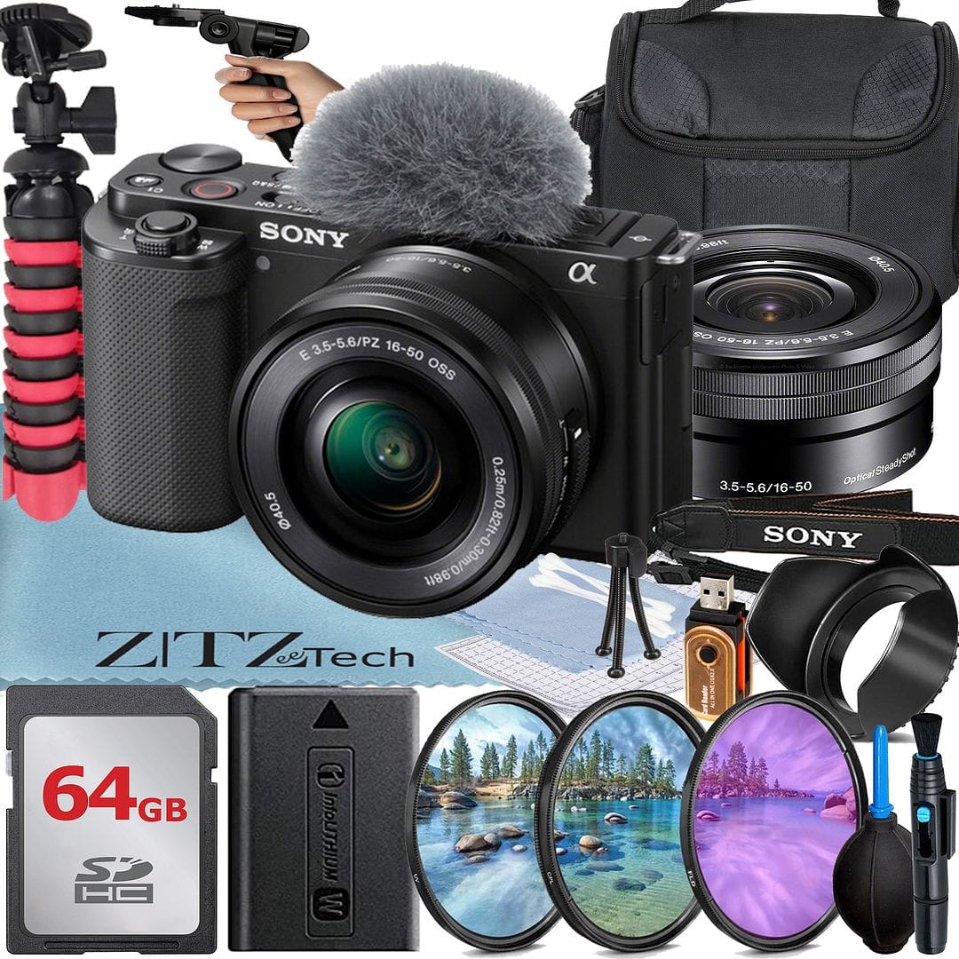 Sony - ZV-E10 Mirrorless Camera with 16-50 Lens + 64GB Card + ZeeTech Bundle (International Version) - Black