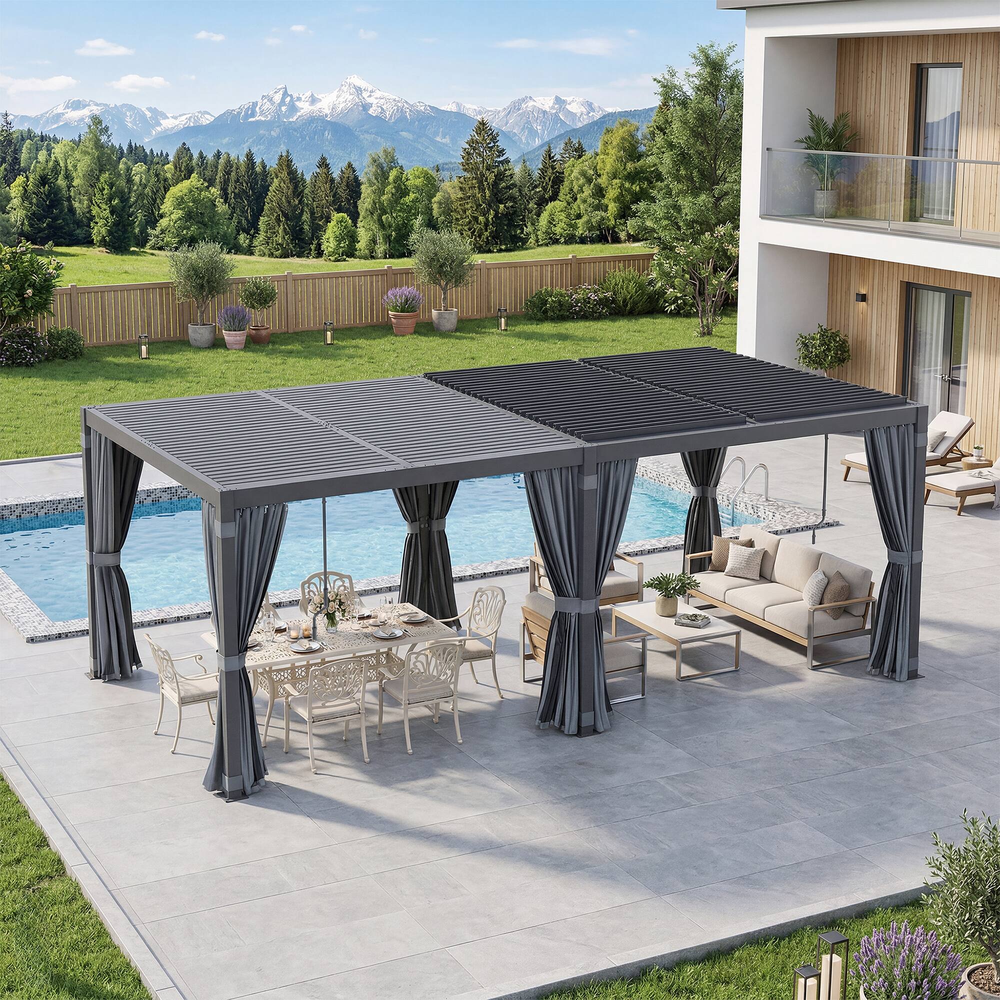 Left. U-HOMY - 12x20 Outdoor Pergola, Louvered Pergola with Adjustable Aluminum Rainproof Roof for Patio, Backyard, Pool party - Black.