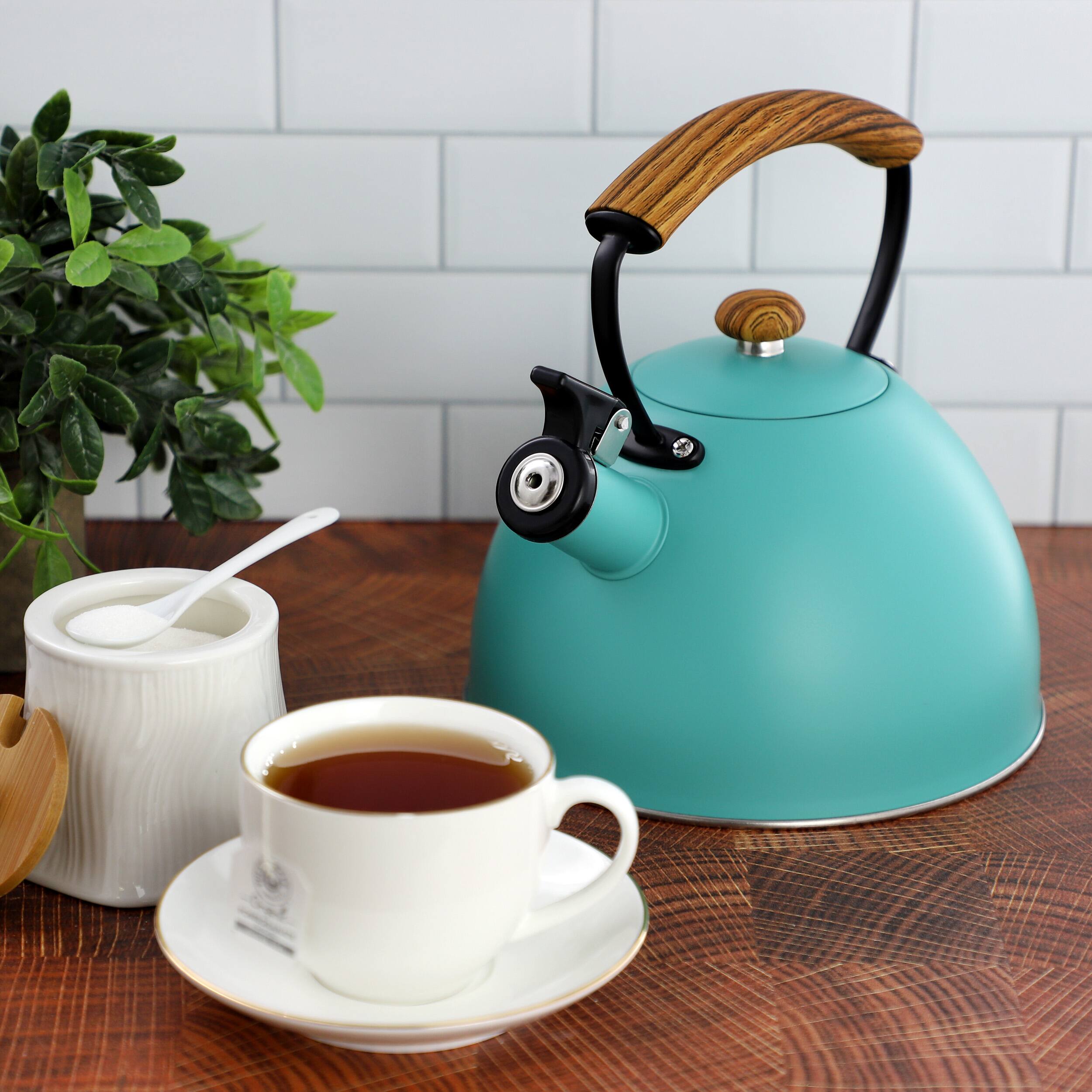 Alt View 3. MegaChef - MegaChef 3.2 Quart Whistling Tea Kettle with Wood Grain Nylon Cool Touch Handle, Matte Turquoise - Turquoise.