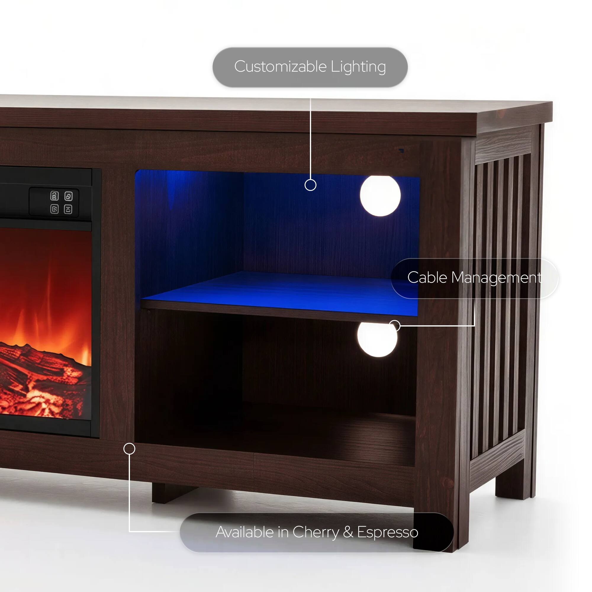 Customizable Lighting  
Cable Management  
Available in Cherry & Espresso