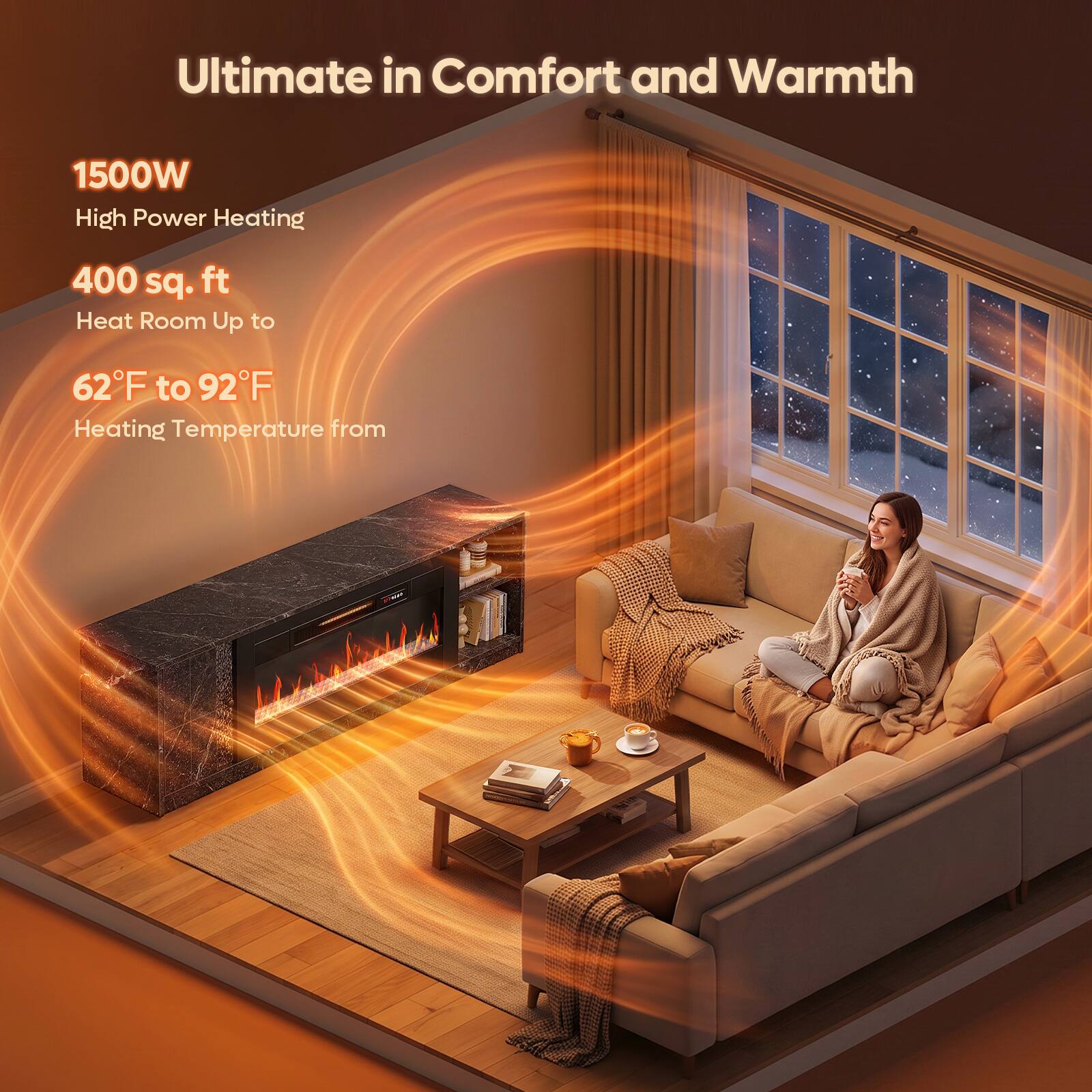 Ultimate in Comfort and Warmth

1500W High Power Heating

400 sq. ft Heat Room Up to

62°F to 92°F Heating Temperature from