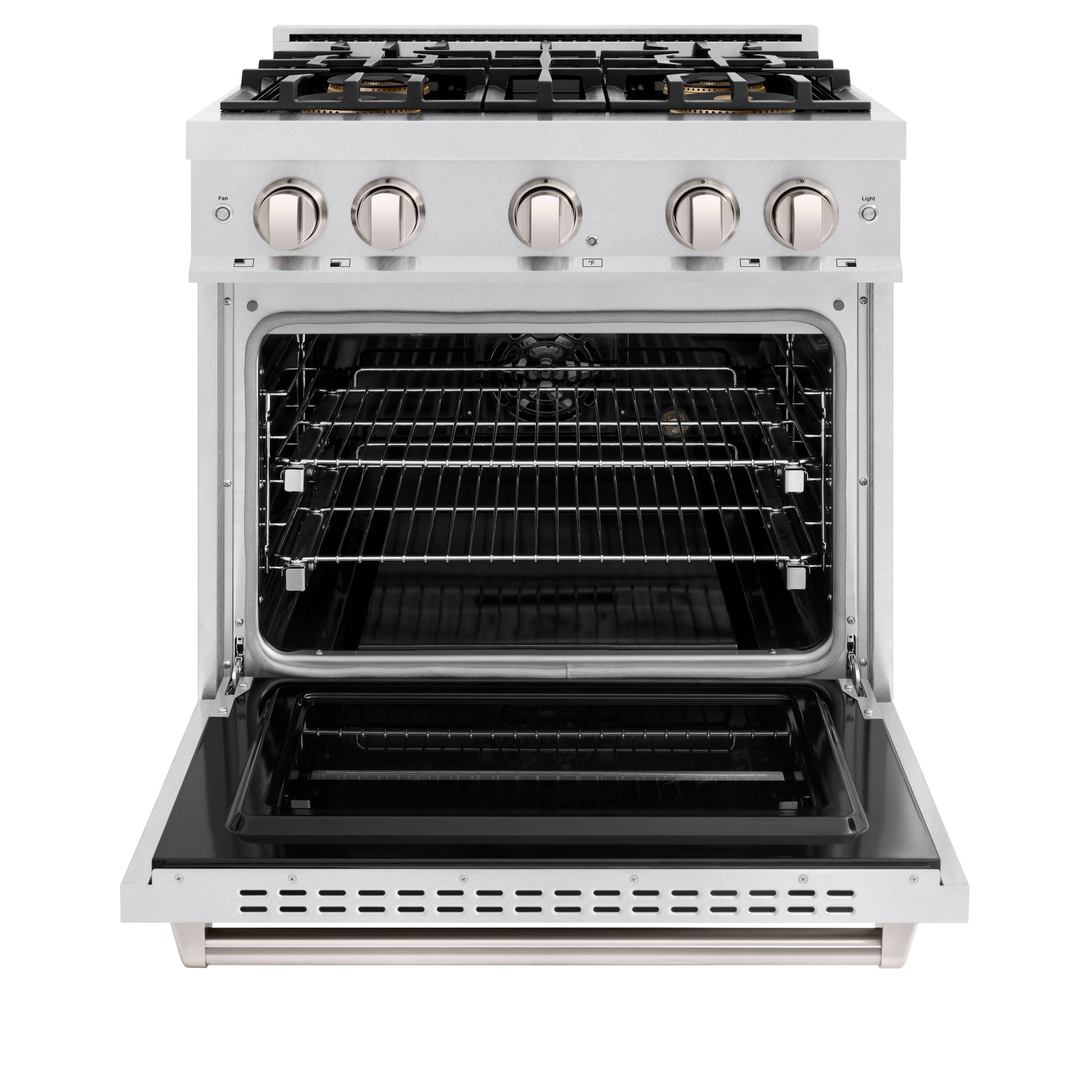 Angle. ZLINE - 30 in. 4.2 cu. ft. Classic Freestanding Dual Fuel Range with 4 DuoPro Burners and Convection Oven in Satin Steel - Satin Stainless Steel.