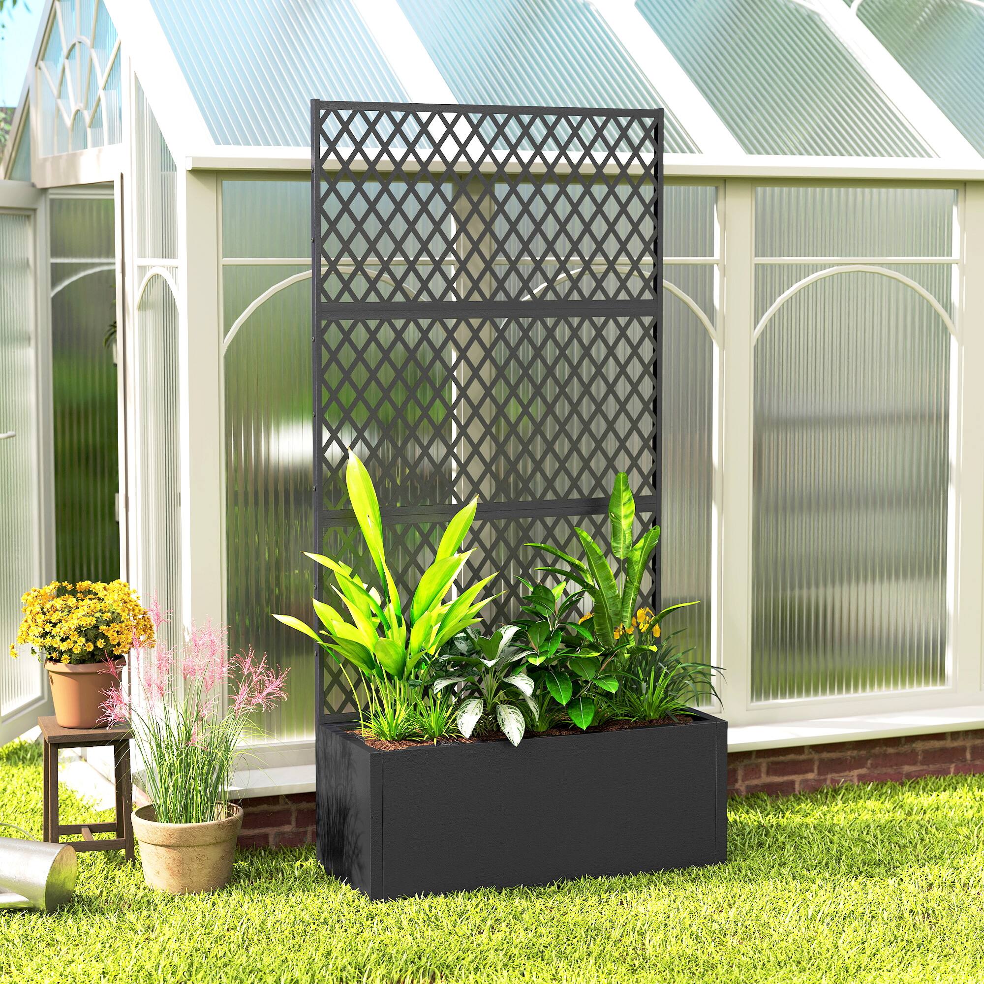 Alt View 7. Outsunny - Metal Planter Box with Trellis, Raised Garden Bed with Trellis Privacy Screen and Drainage Holes for Climbing Plants.
