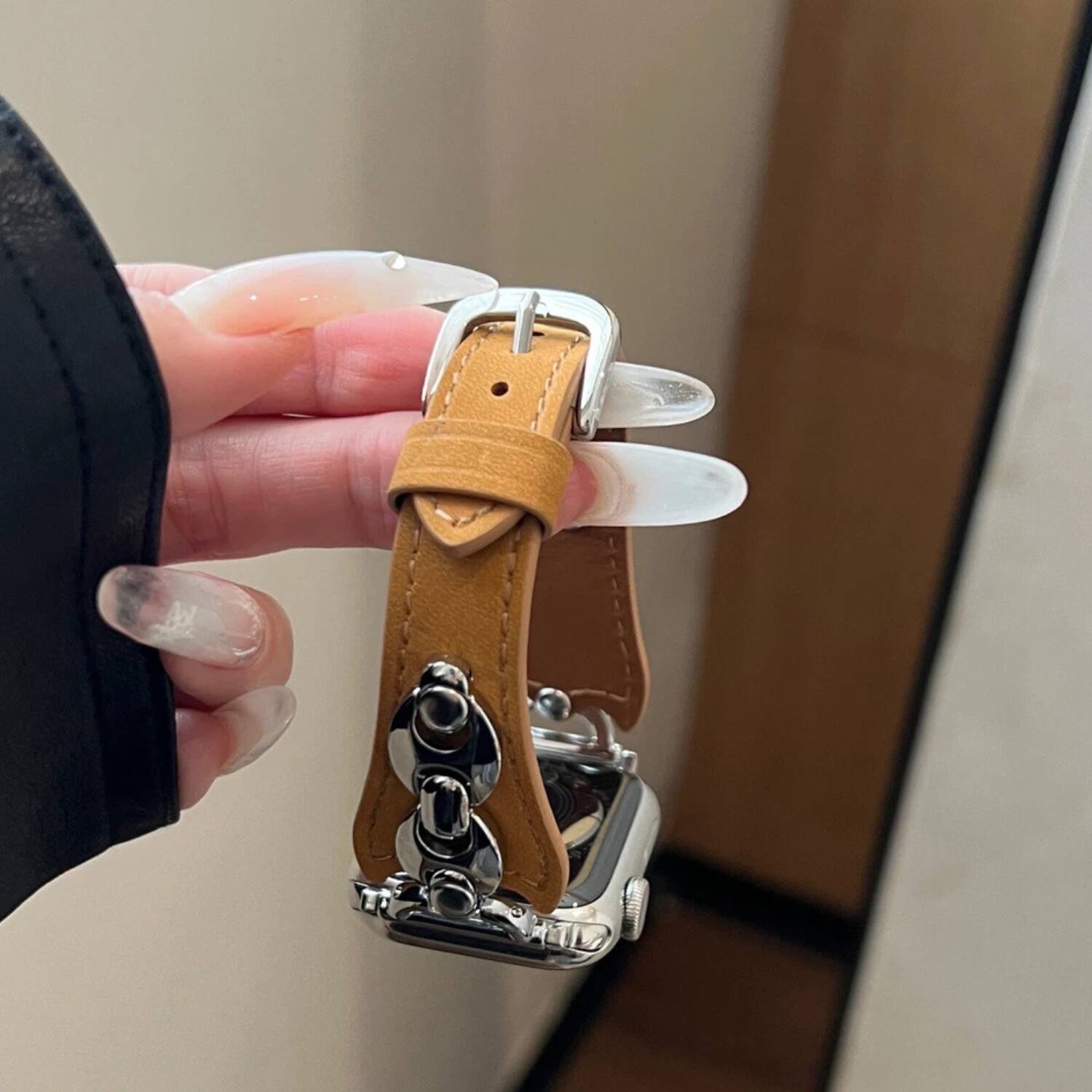 Left. Stock Preferred - Metal Soft Leather Strap for Apple Watch Series 10 (42mm) - Light Brown-Silver Clasp - Light Brown-Silver Clasp.