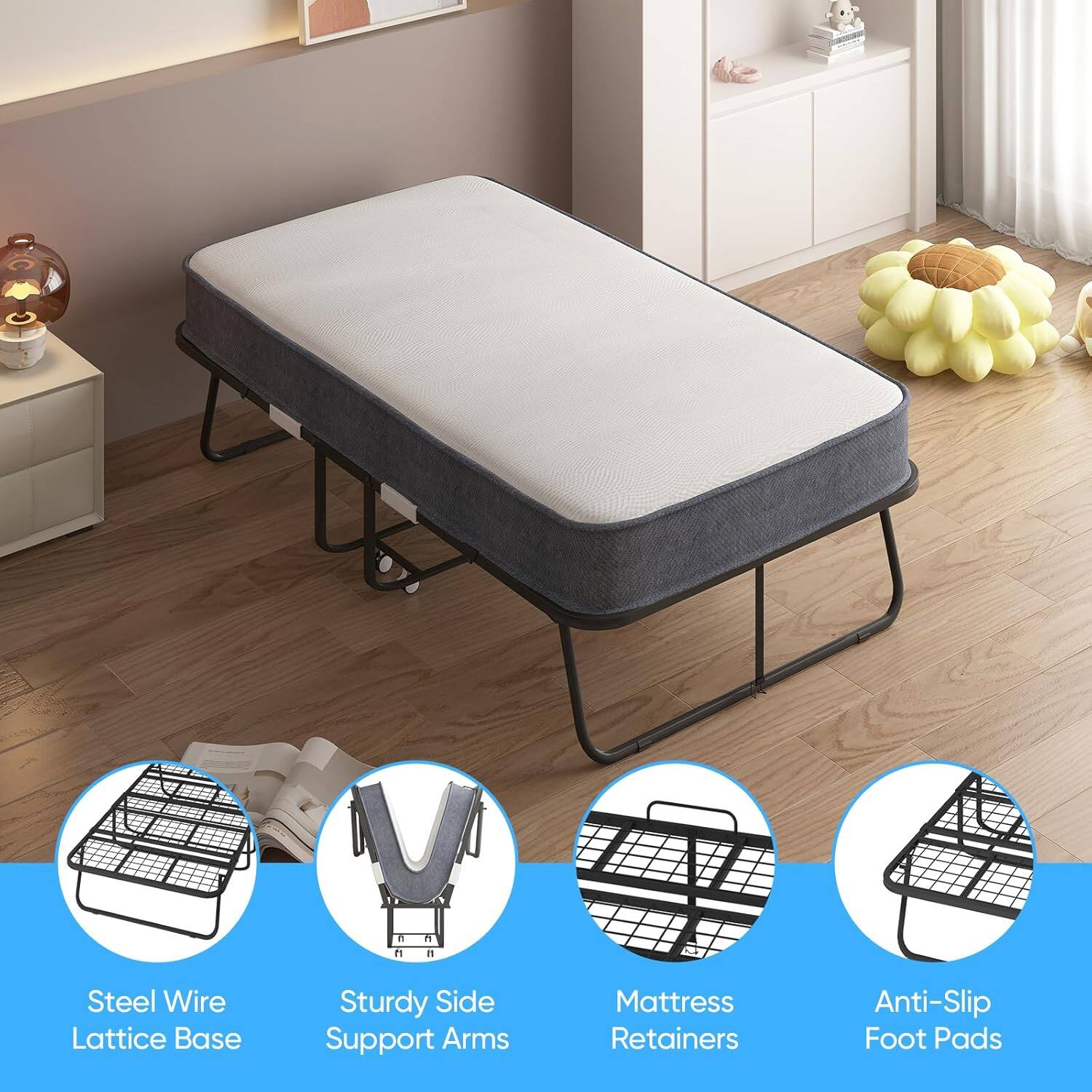 - Steel Wire Lattice Base
- Sturdy Side Support Arms
- Mattress Retainers
- Anti-Slip Foot Pads