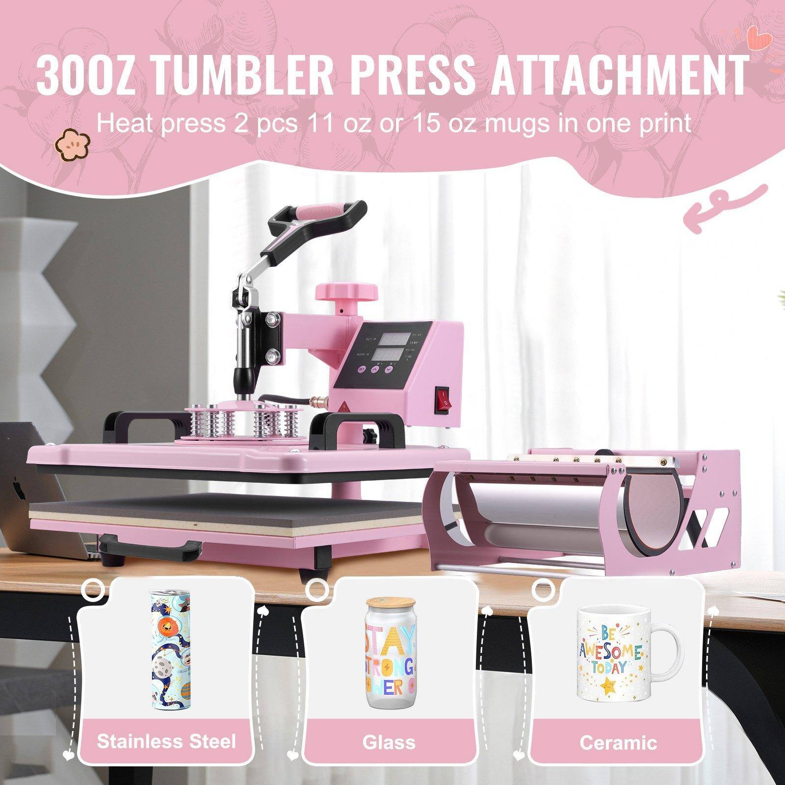 300Z TUMBLER PRESS ATTACHMENT  
Heat press 2 pcs 11 oz or 15 oz mugs in one print  

Stainless Steel  
Glass  
Ceramic