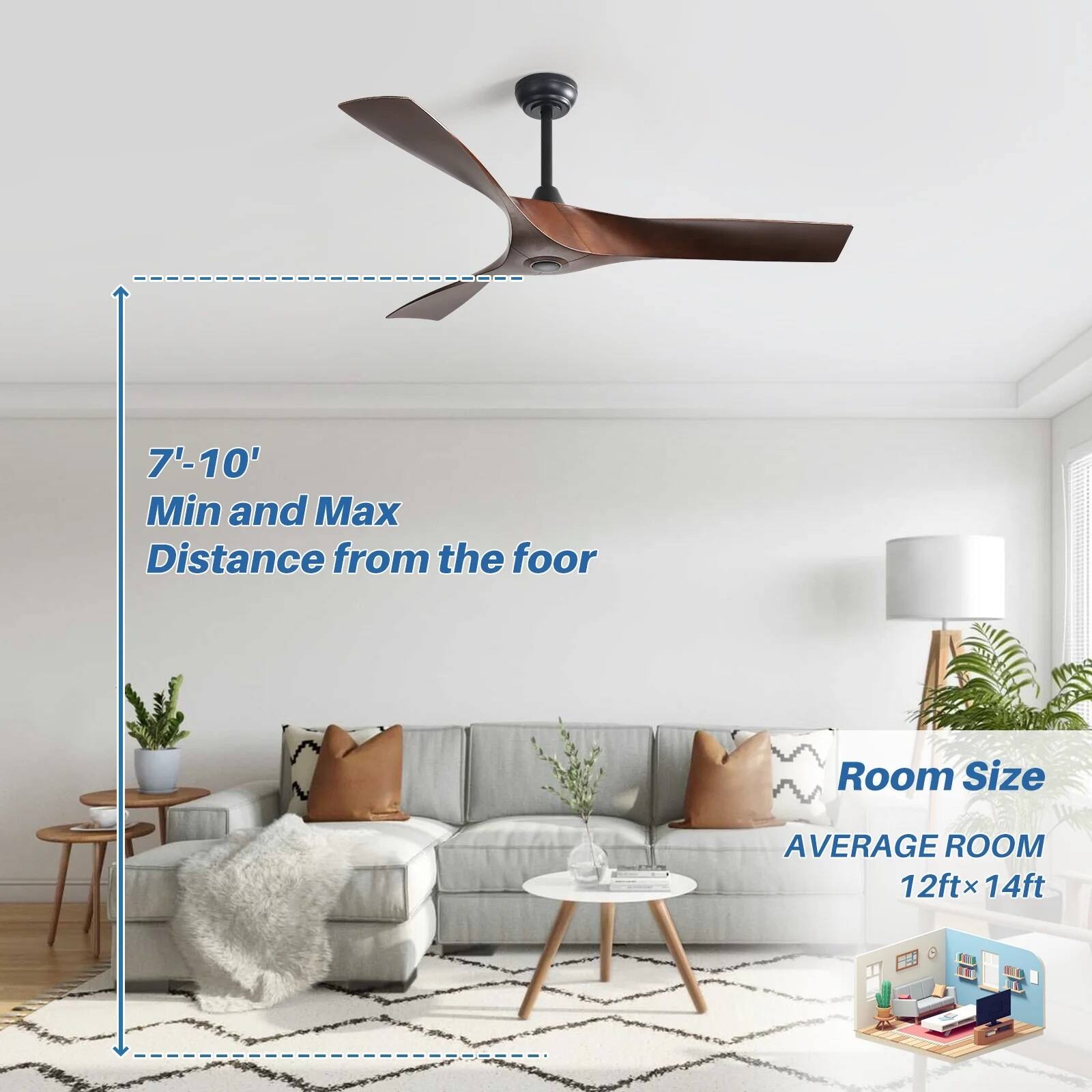 7'-10'  
Min and Max Distance from the floor  

Room Size  
AVERAGE ROOM  
12ft x 14ft