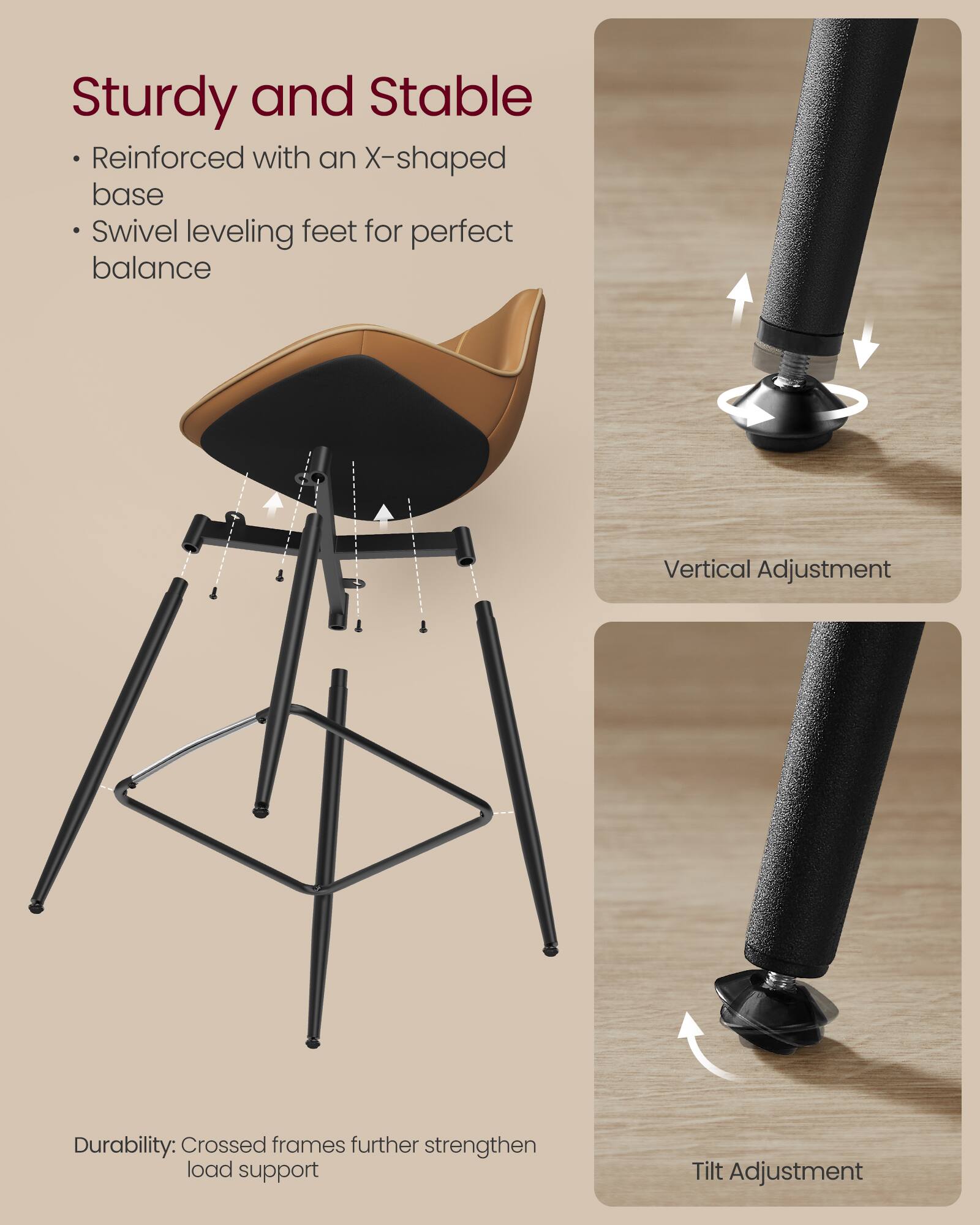 Sturdy and Stable  
- Reinforced with an X-shaped base  
- Swivel leveling feet for perfect balance  

Vertical Adjustment  

Durability: Crossed frames further strengthen load support  

Tilt Adjustment