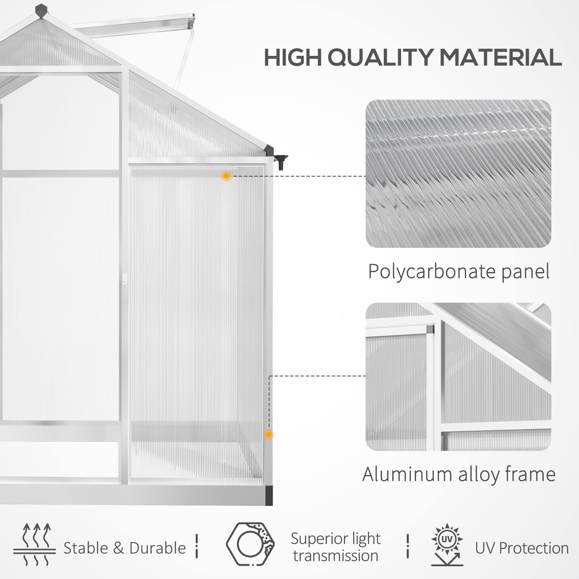 HIGH QUALITY MATERIAL
Polycarbonate panel
Aluminum alloy frame
Stable & Durable
Superior light transmission
UV Protection