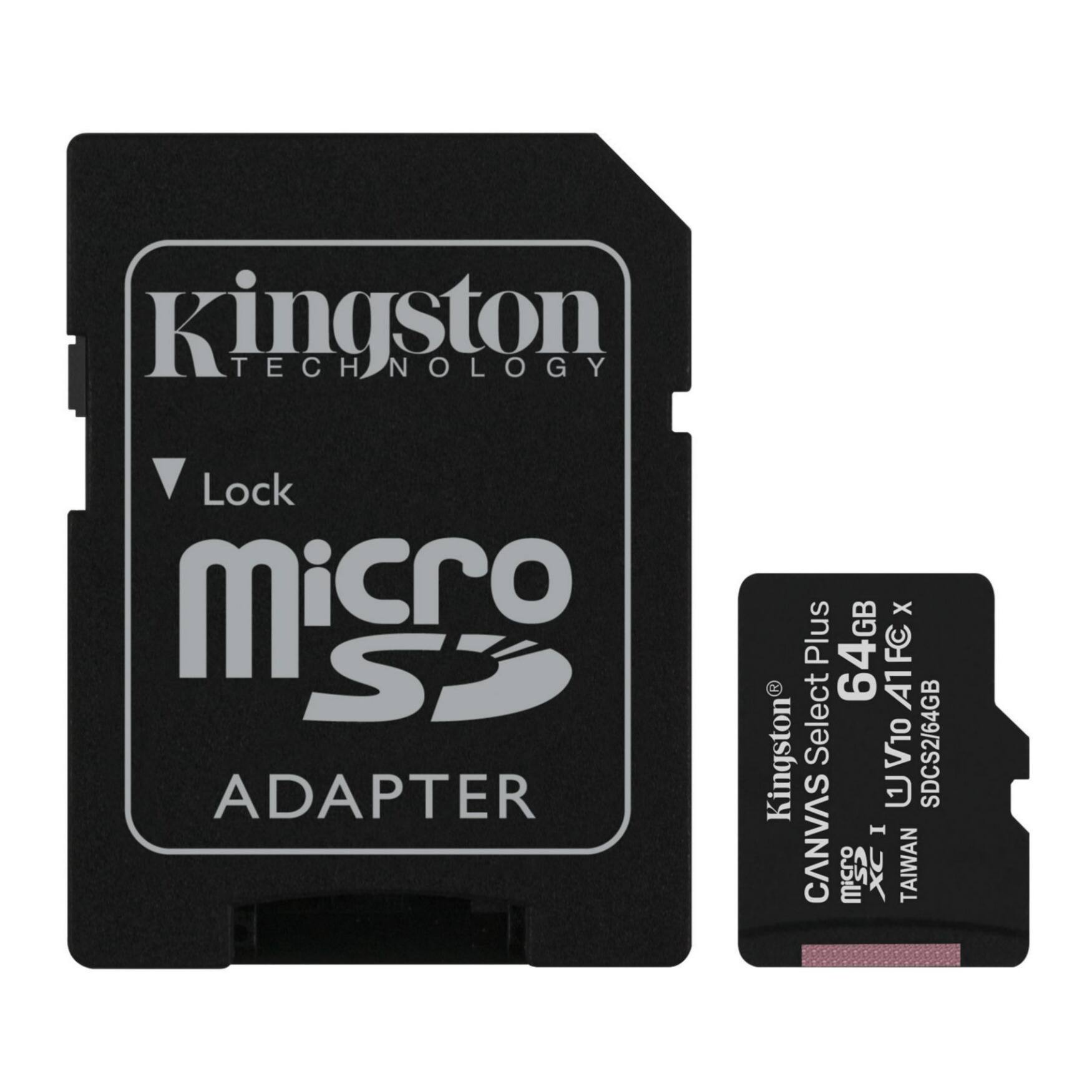 Kingston Technology  
Lock  
microSD  
ADAPTER  

CANVAS Select I Plus  
64GB  
UHS-I U1 V10 A1 FxC  
SDC2/64GB  
TAIWAN