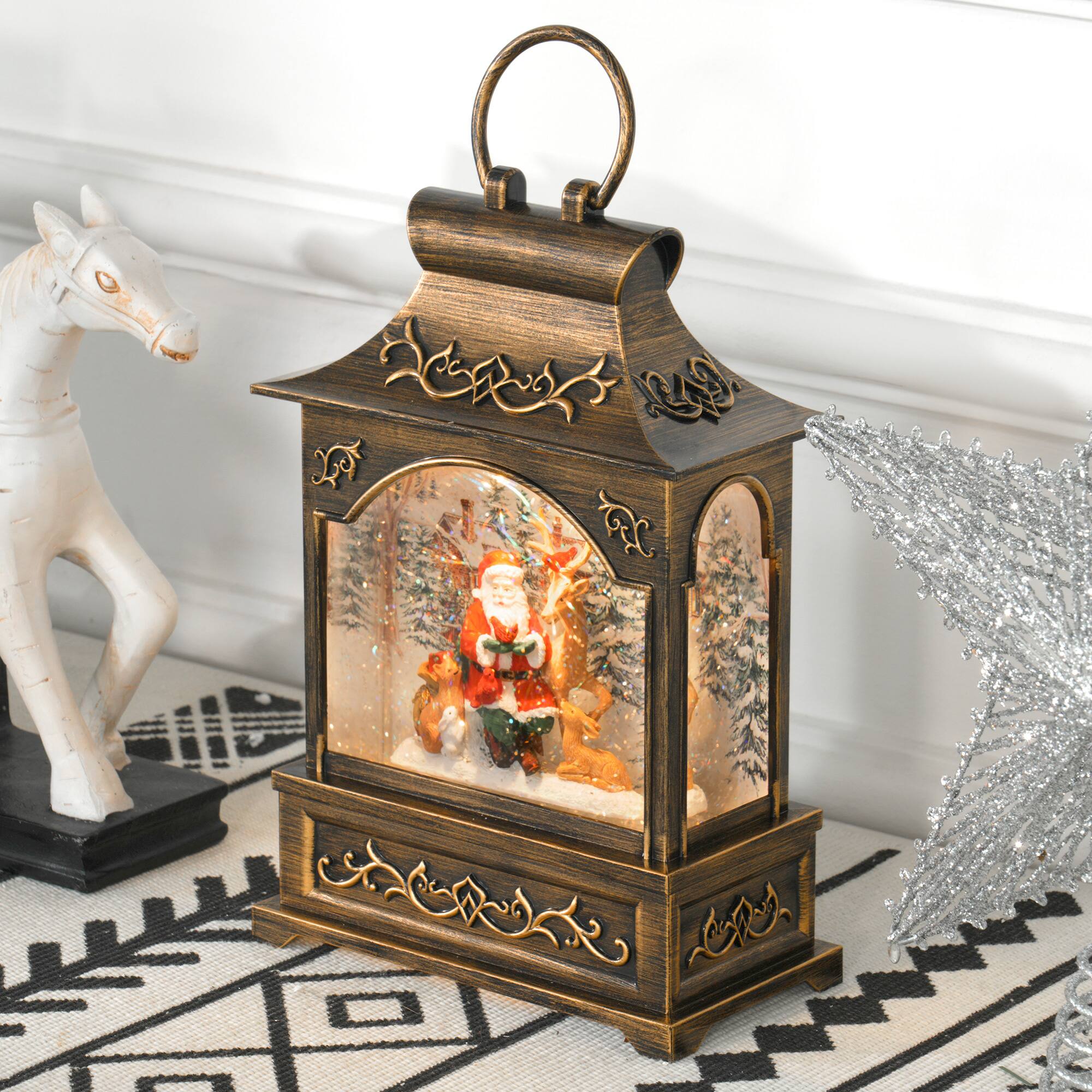 Alt View 1. Homcom - Musical Snow Globe Lantern with Swirling Glitter, Battery Christmas Decoration - Brown.