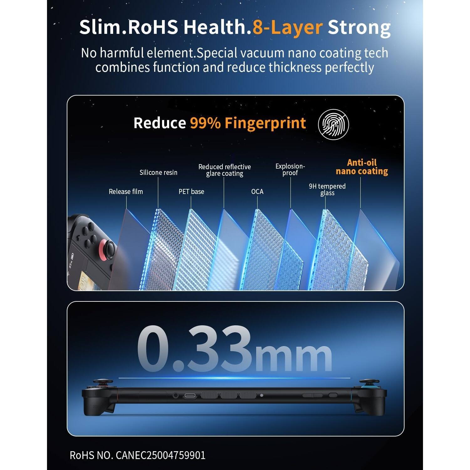 Slim. RoHS Health. 8-Layer Strong  
No harmful element. Special vacuum nano coating tech combines function and reduce thickness perfectly  

Reduce 99% Fingerprint  
Anti-oil nano coating  
Silicone resin  
Release film  
PET base  
OCA  
Reduced reflective glare coating  
Explosion-proof  
9H tempered glass  

0.33mm  

RoHS NO. CANEC25004759901