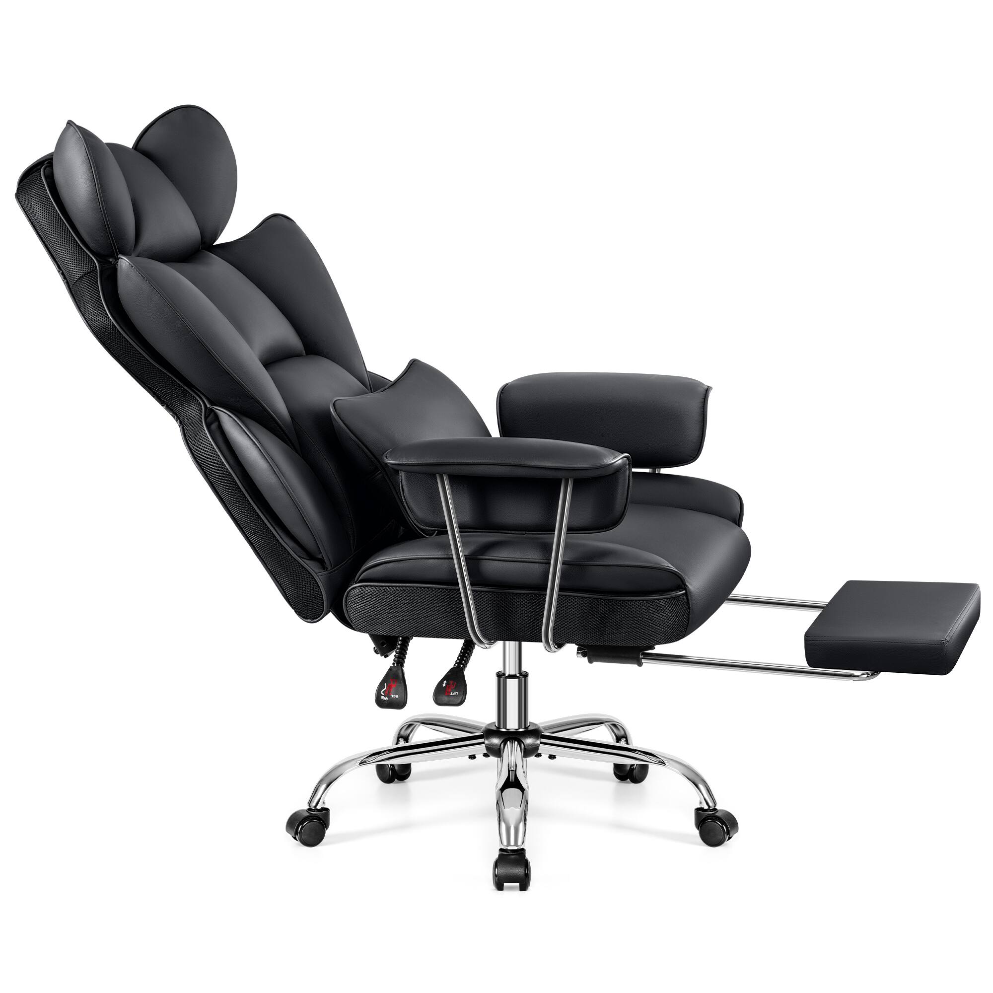 Left. Brick Attic - 500LBS Big & Tall Office Chair, Leather Gaming Chair with Footrest, Adjustable Height & Lumbar Support - Black - Black.