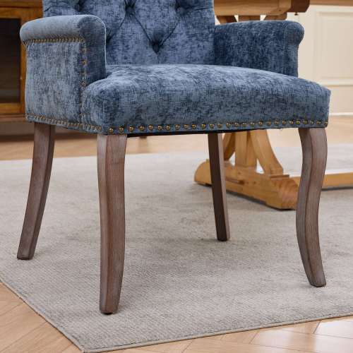 Alt View 4. LUCKY ONE - Assembled Tufted Chenille Arm Dining Chair with Curved Solid Wood Legs Club Style Single - Blue.