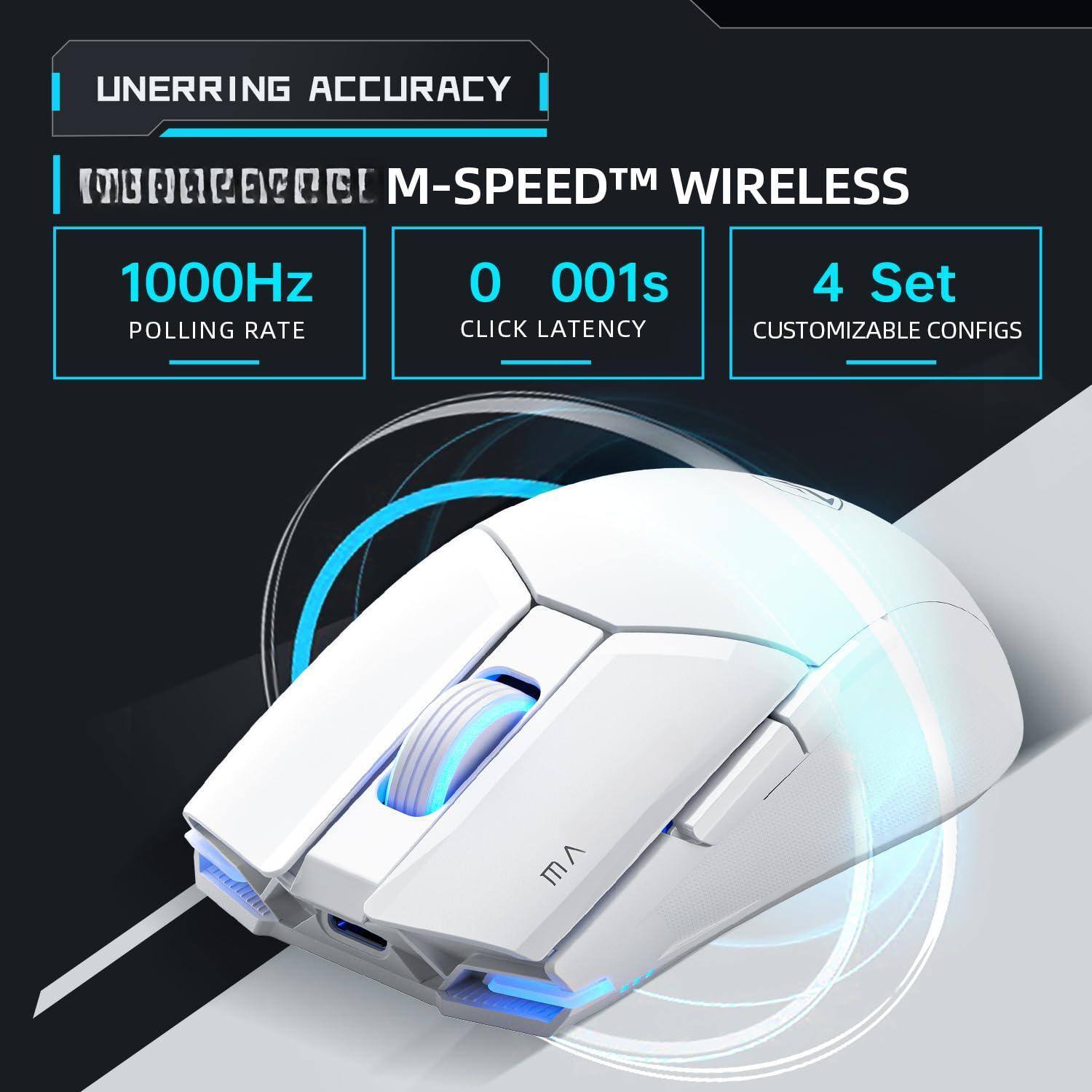 UNERRING ACCURACY  
M-SPEED™ WIRELESS  

1000Hz POLLING RATE  
0.001s CLICK LATENCY  
4 Set CUSTOMIZABLE CONFIGS