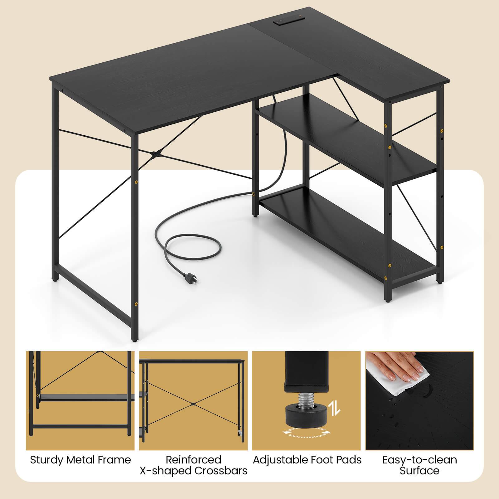 The image features a black table with a shelf on top of it. The table is made of sturdy metal and has reinforced adjustable foot pads for added stability. The table also has an X-shaped crossbar design, which adds to its sturdiness. The surface of the table is easy to clean, making it a practical choice for various uses.
