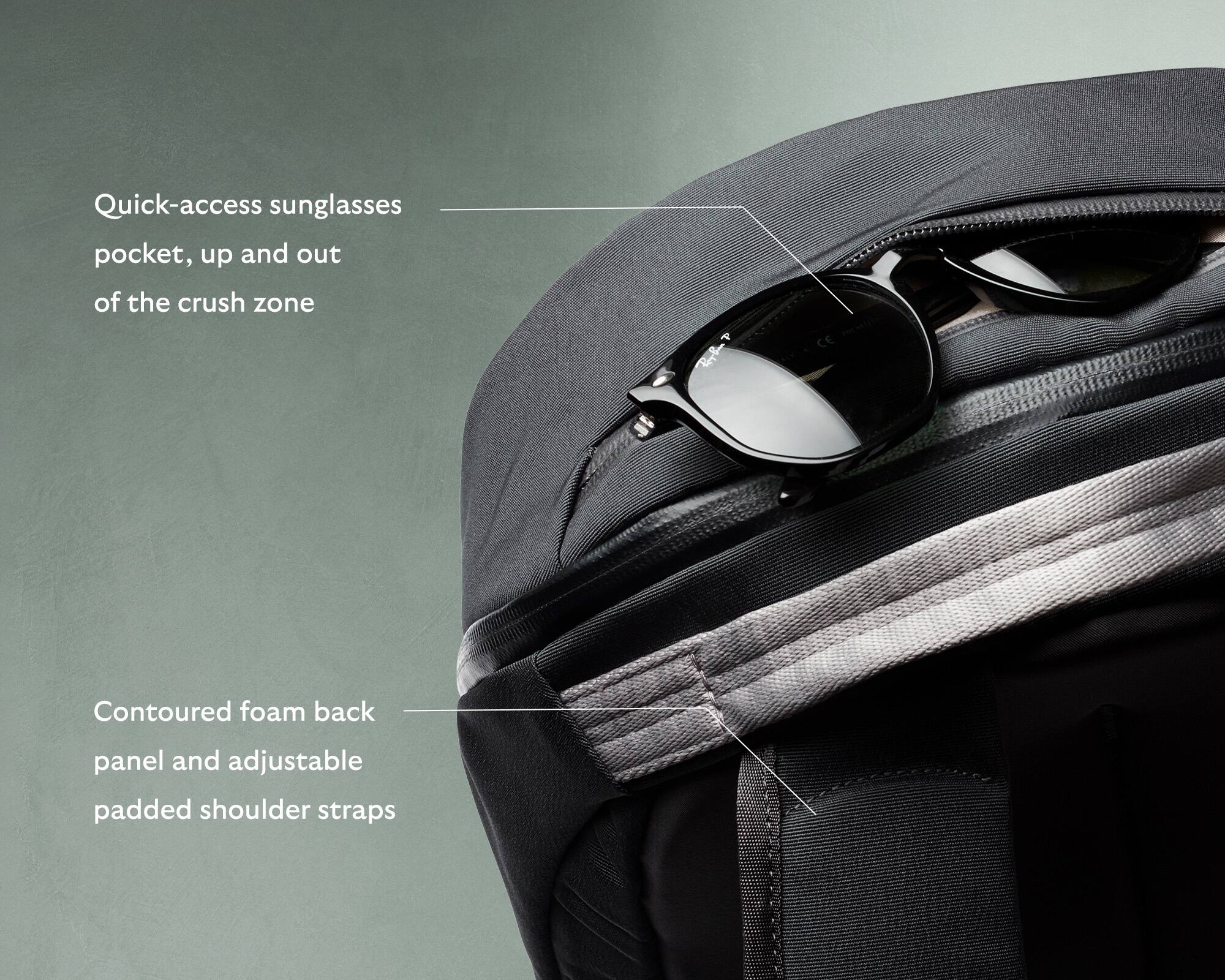 The image features a backpack with a sunglasses pocket, which is located above the crush zone. The backpack also has a contoured foam back panel and adjustable padded shoulder straps for added comfort and support.