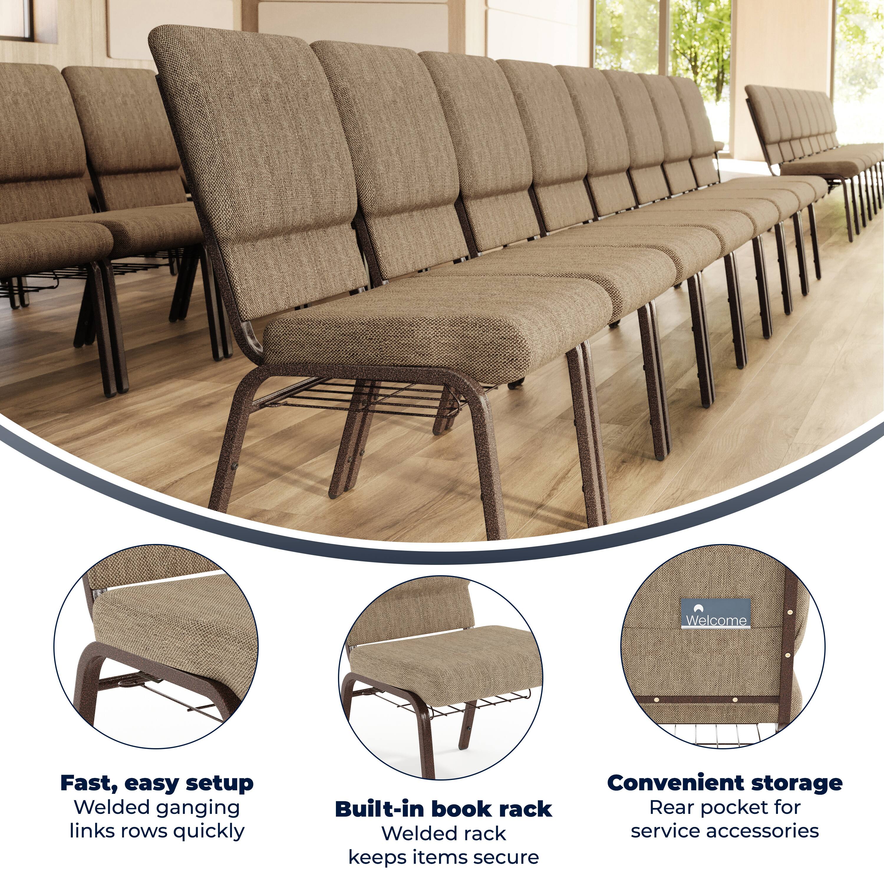 Welcome

Fast, easy setup  
Welded ganging links rows quickly

Built-in book rack  
Welded rack keeps items secure

Convenient storage  
Rear pocket for service accessories