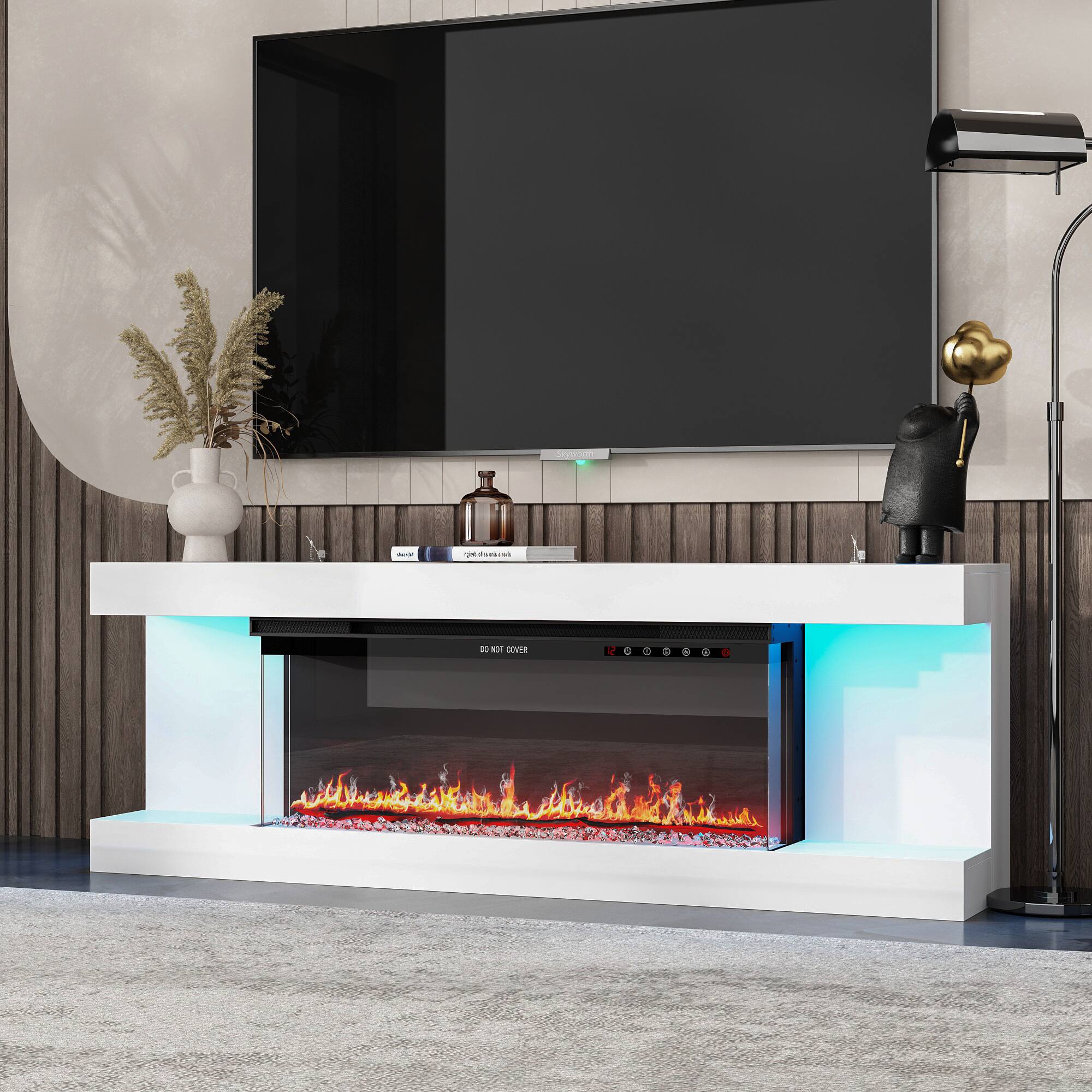 Angle. Famapy - Upto 65" TV Stand with Electric Fireplace and LED Lights, Entertainment Center with Storage for Living Room Heating - White & Black.