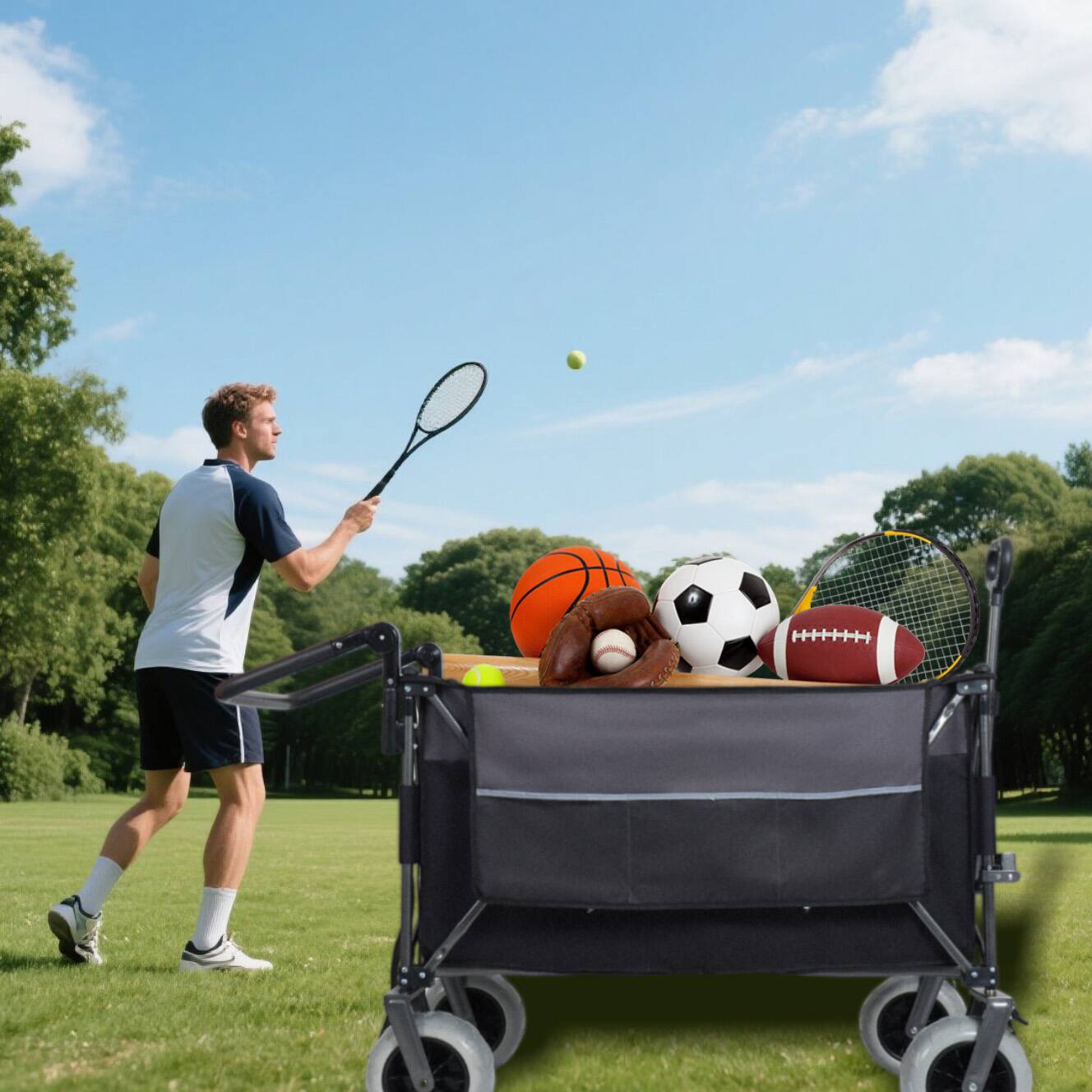 Back. Mondawe - 300L XL Push-Pull Folding Wagon Utility Carts w/ 9"x4" Beach Tires, 360° Wheels, Adjustable Handle for Camping/Beach - Black.