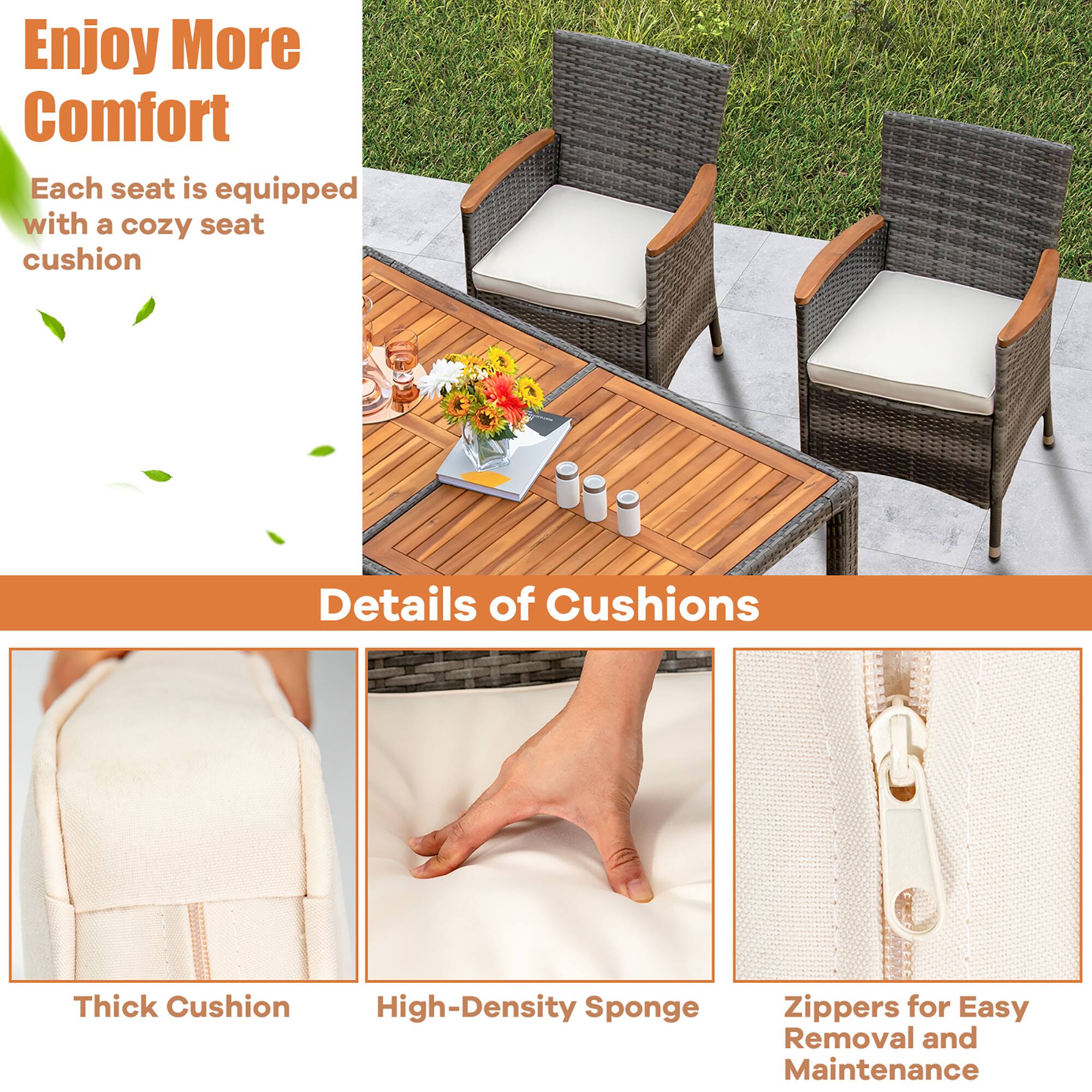 Enjoy More Comfort Each seat is equipped with a cozy seat cushion Details of Cushions Thick Cushion High-Density Sponge Zippers for Easy Removal and Maintenance