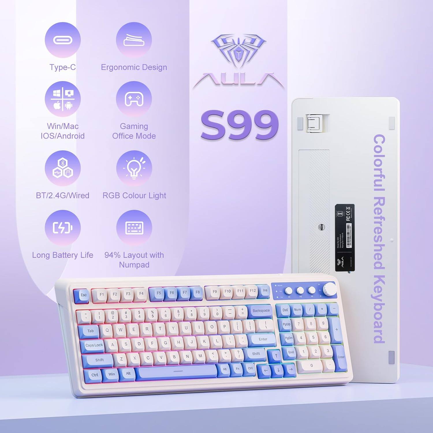 The text on the image can be grouped and corrected as follows:

**Features:**
- Type-C
- Ergonomic Design
- UL
- iOS/Android
- Win/Mac
- Office Gaming Mode
- S99
- BT/2.4G/Wired
- RGB Colour Light
- Long Battery Life
- 94% Layout with Numpad

**Keyboard Layout:**
- F1, F2, F3, F4, F5, F6, F7, F8, F9, F10, F11, F12
- Esc, Tab, Caps Lock, Shift, Ctrl, Alt, Win
- Q, W, E, R, T, Y, U, I, O, P
- A, S, D, F, G, H, J, K, L
- Z, X, C, V, B, N, M
- 1, 2, 3, 4, 5, 6, 7, 8, 9, 0
- Backspace, Enter, Delete, Num Lock, Home, End, Page Up, Page Down

**Additional Information:**
- Colorful Refreshed Keyboard

This text highlights the features and layout of the keyboard, making it easier to understand.