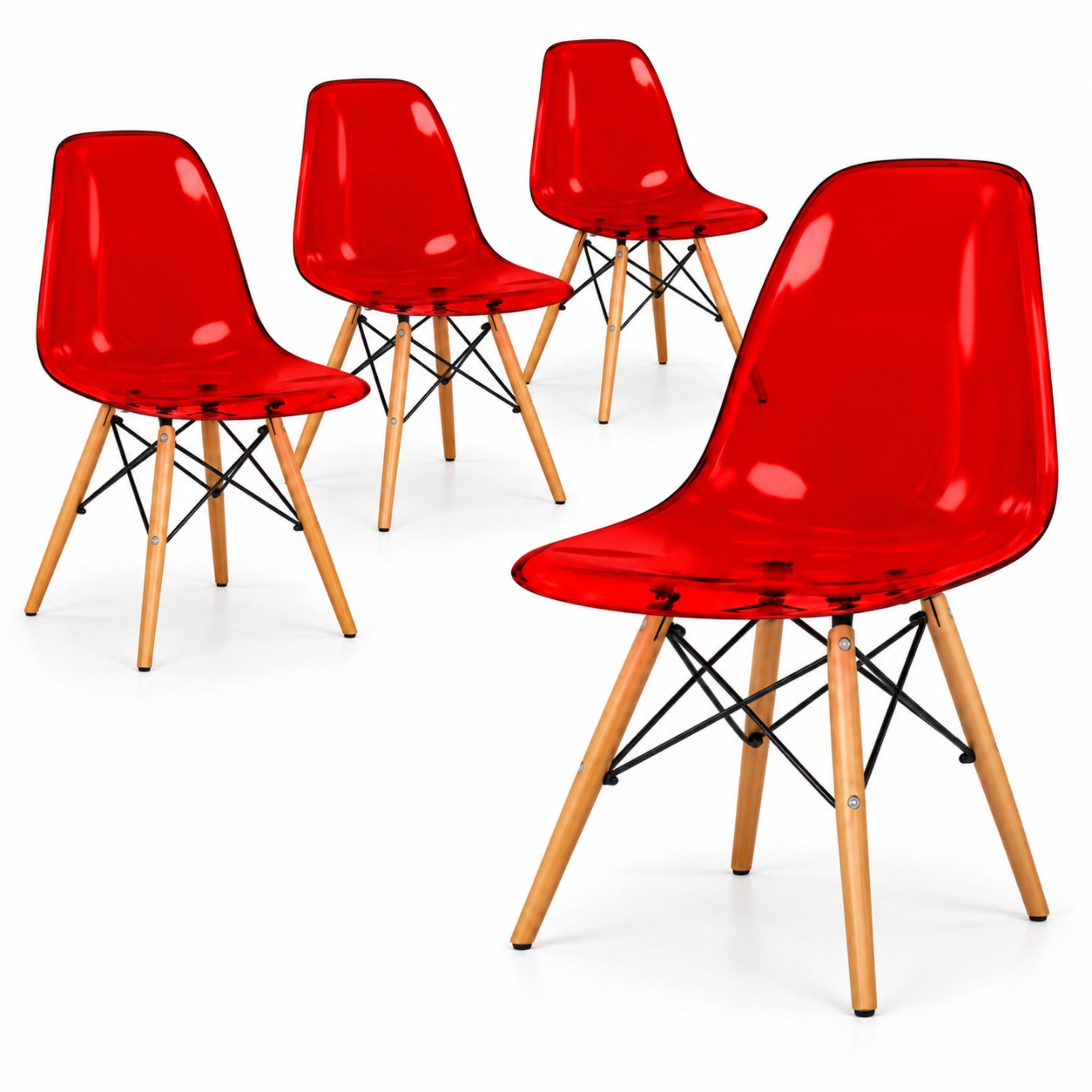 Front. LeisureMod - Dover 4-Piece Mid-Century Modern ABS Plastic Dining Chair Set, Wood Dowel Legs, Molded Accent Side Chairs - Transparent Red.